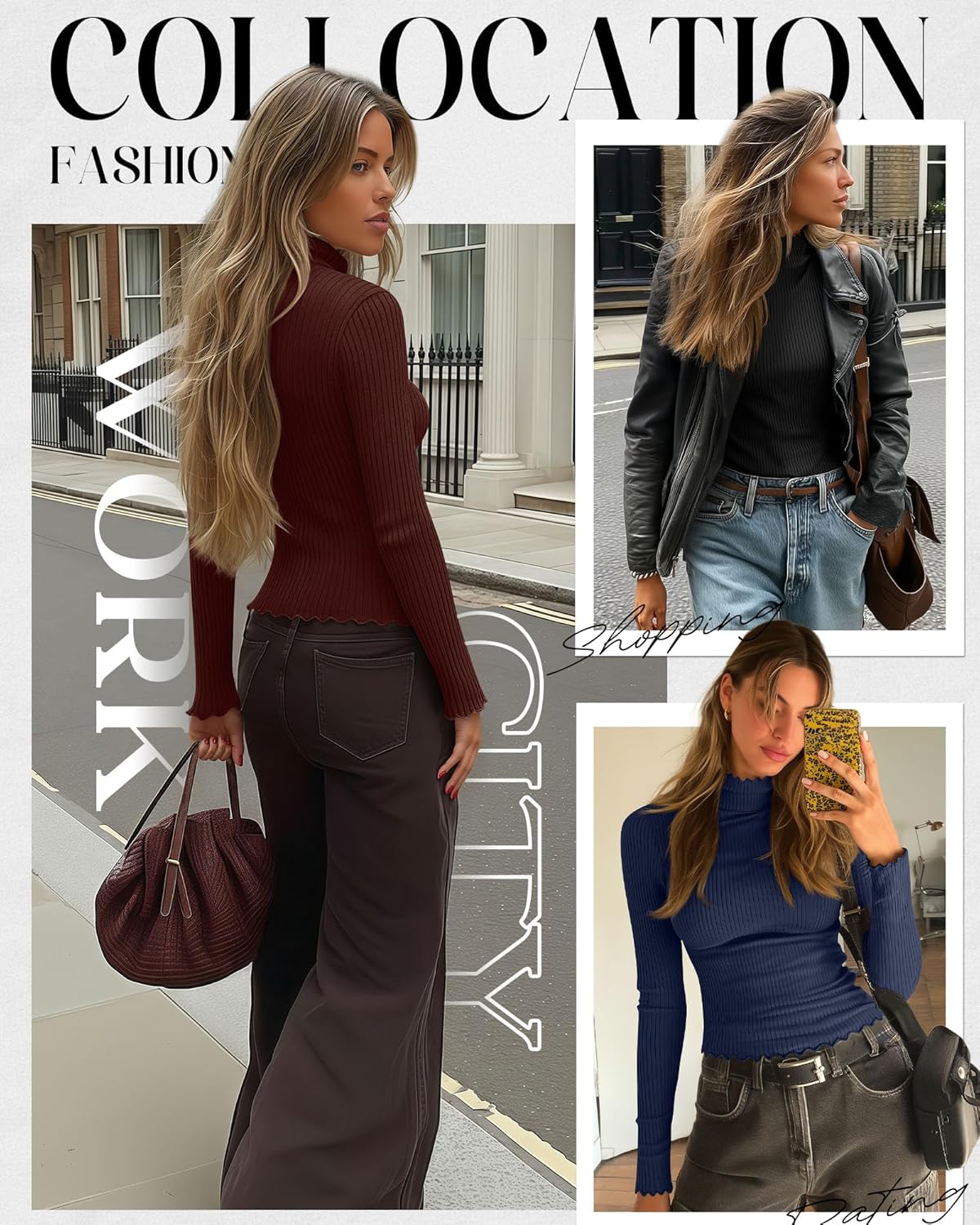 3 Pack Women's Turtleneck Cotton Shirts, Long Sleeve Ribbed Lettuce Trim Mock Neck Slim Fit Tops Soft Base Layer - Image 4