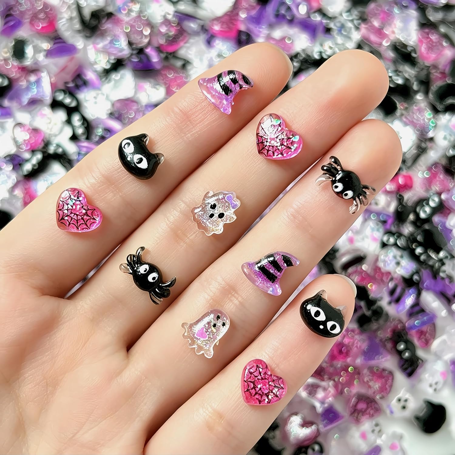 150Pcs Halloween Nail Charms Cute Ghost Spider Cat Nail Rhinestones 3D Hat Heart Nail Gems Gothic Halloween Resin Nails Art Charms Halloween Party Acrylic Nails Supplies for Women Manicure Decorations