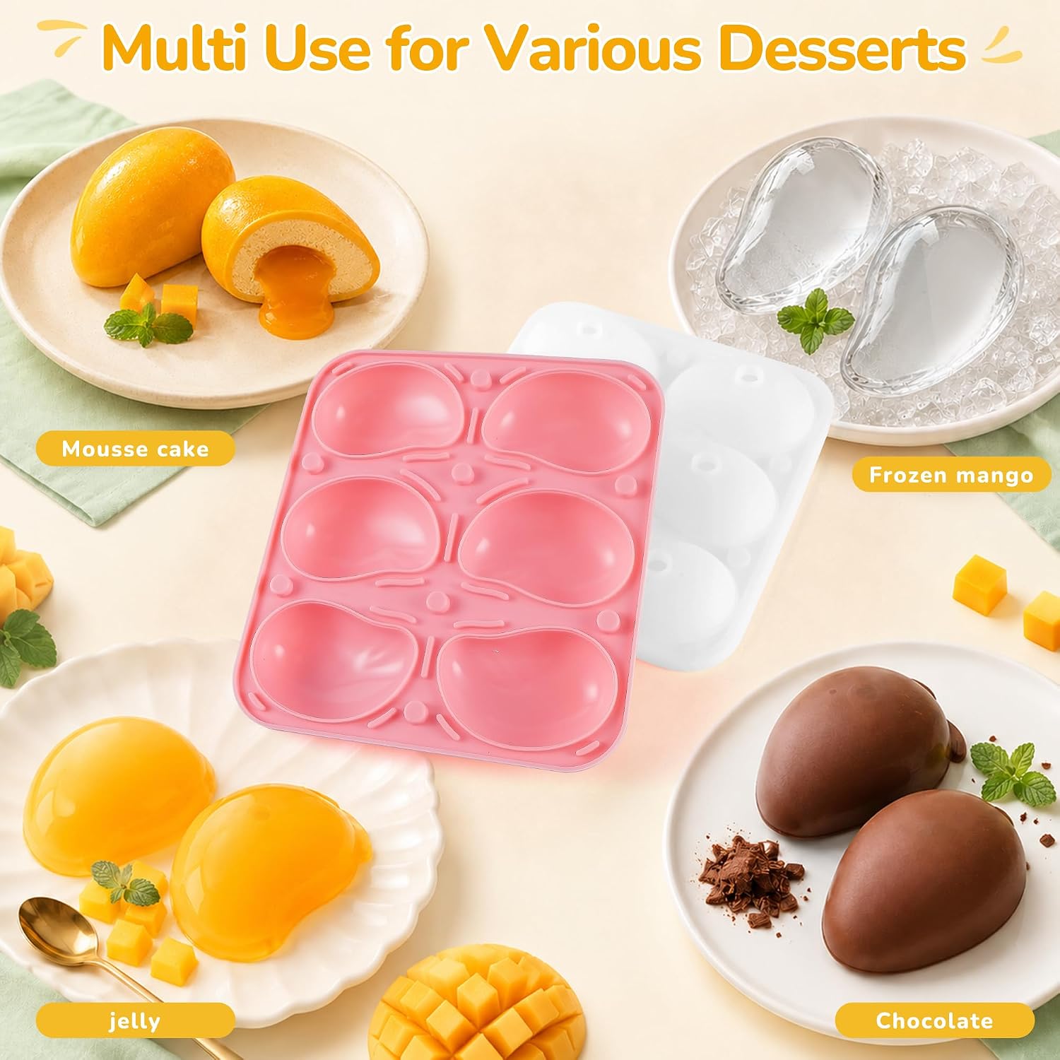 3D Mango Silicone Mold for Mousse, 6-Cavity Fruit Pudding Mango Mold for Baking Pastry, Non-Stick Mango Shape Cake Mold for Mousse Cake, Jelly, Chocolate, Ice Cream