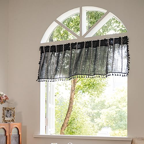 Miniatura 100 de Deeprove Cenefa Bohemia Blanca con Borlas para Decoración de Cocina y Cafetería, Cortinas Cortas de Algodón y Lino Crema Estilo Bohemio Rústico,