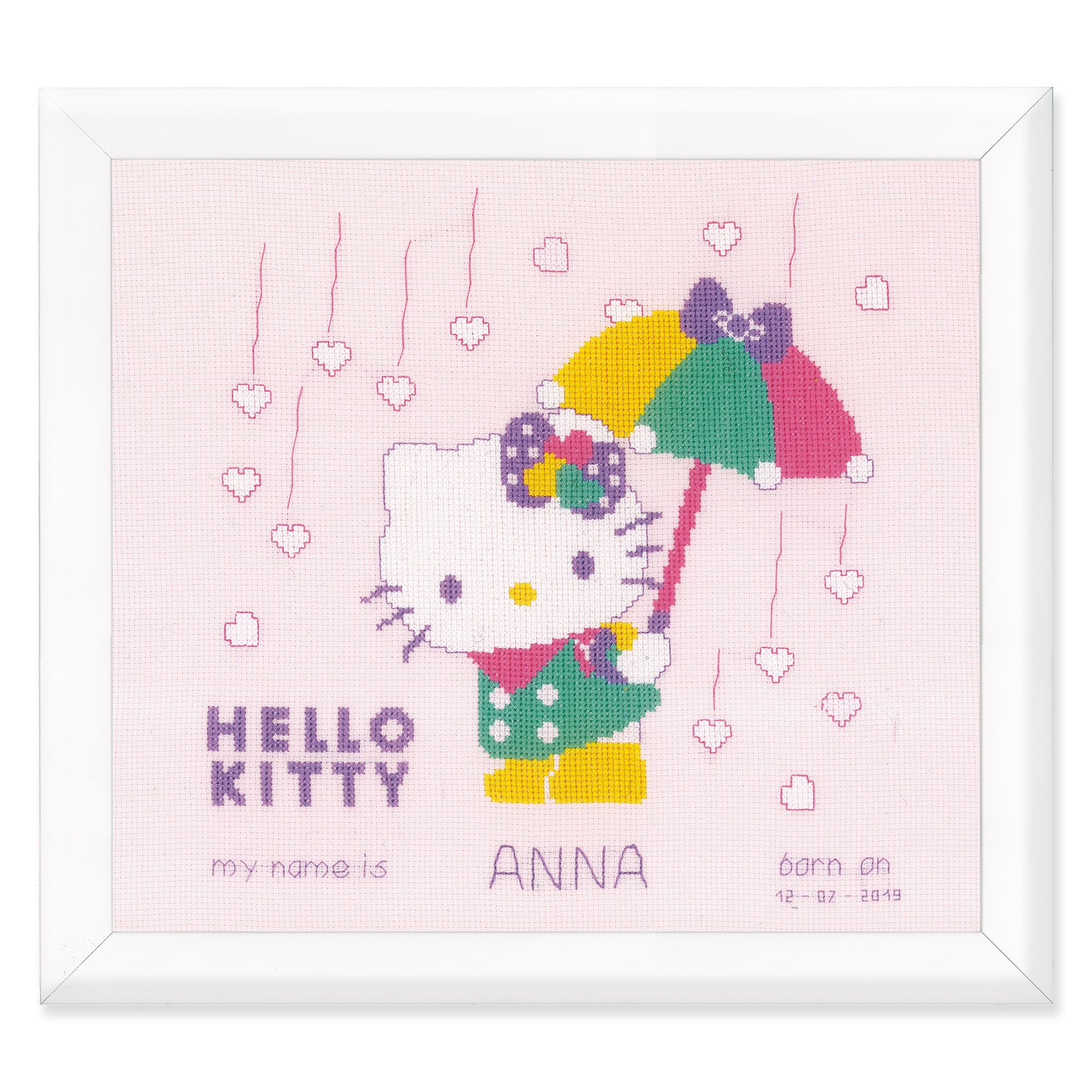 Vervaco Counted Cross Stitch Kit: Hello Kitty: A Shower of Hearts, Cotton, NA, 25 x 25cm