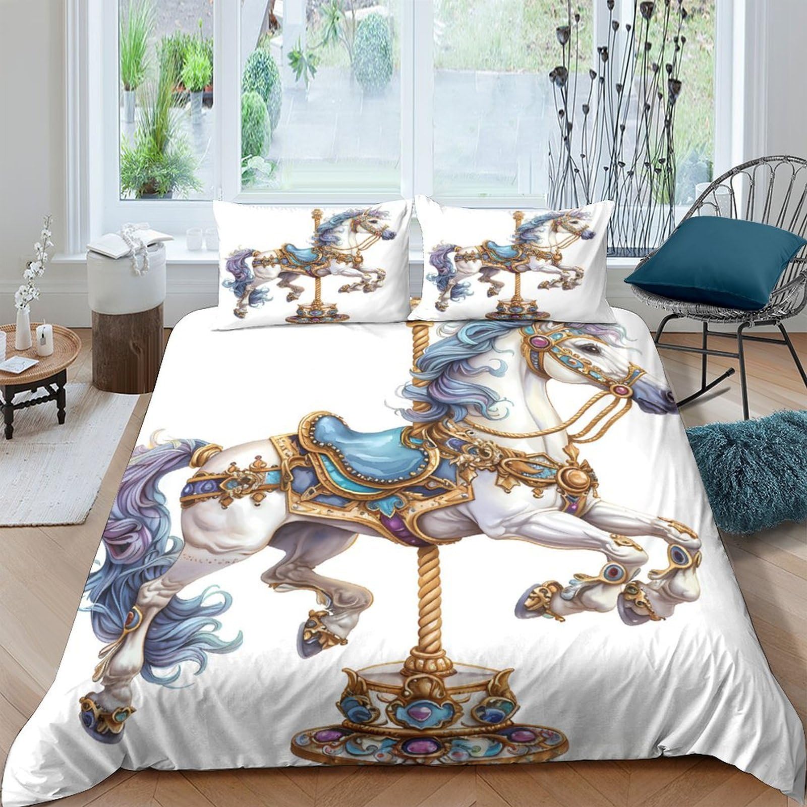 Ctjqhvkz Style-5 3D Printed Carousel Horse Fitted Sheet Microfiber Soft Breathable Vintage Fairground Bed Cover For Bedroom Guest Room Decor Single（135X200cm）