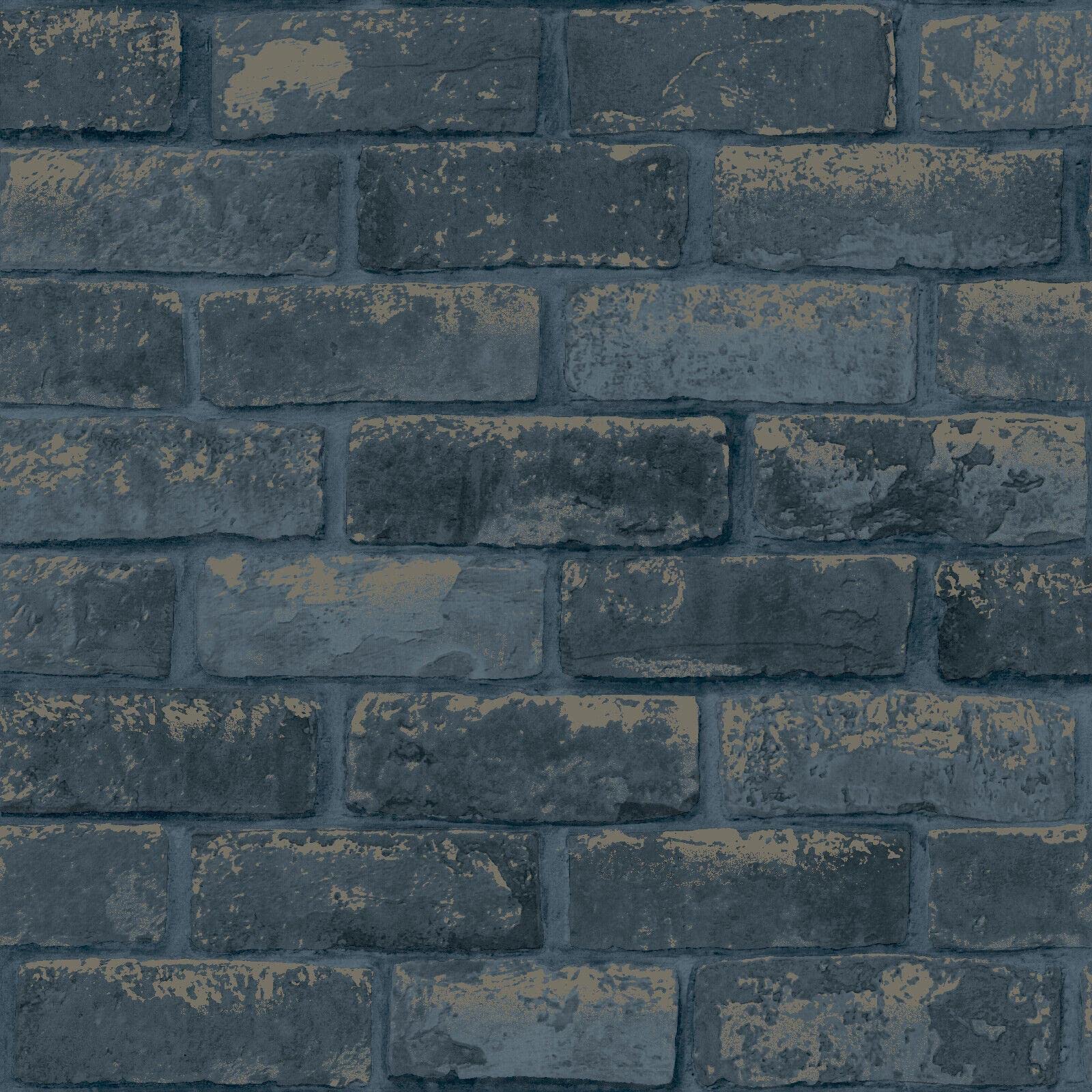 Yöl Sample 53 X 53Cm Debona Navy Brick Wallpaper Metallic Silver Modern Contemporary