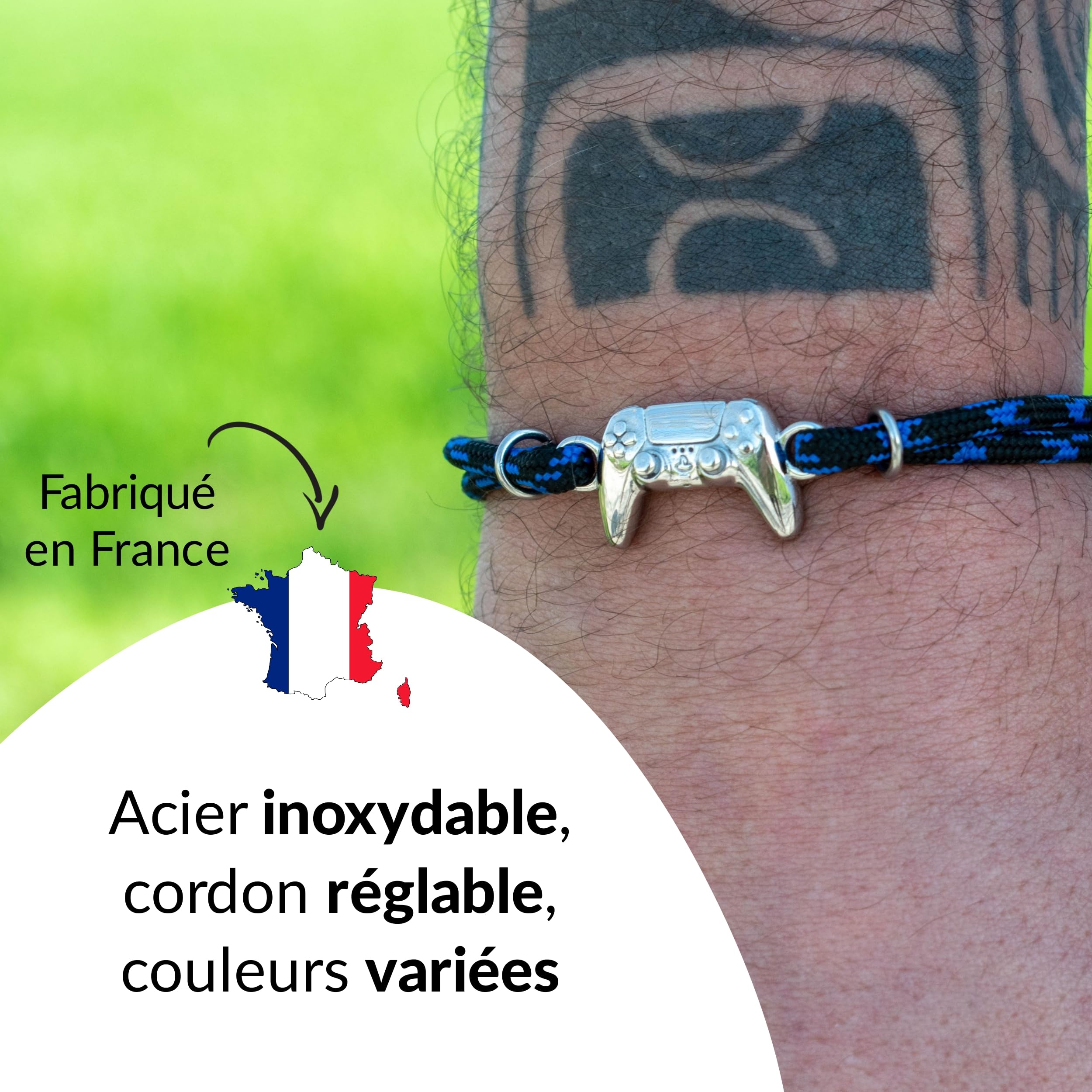 Ernestine - Bracelet gamer manette playstation - bracelet acier inoxydable et cordon réglable - idée cadeau joueur console de jeu PS5 - cadeau d'anniversaire gamer - Noël, fête des pères, papa
