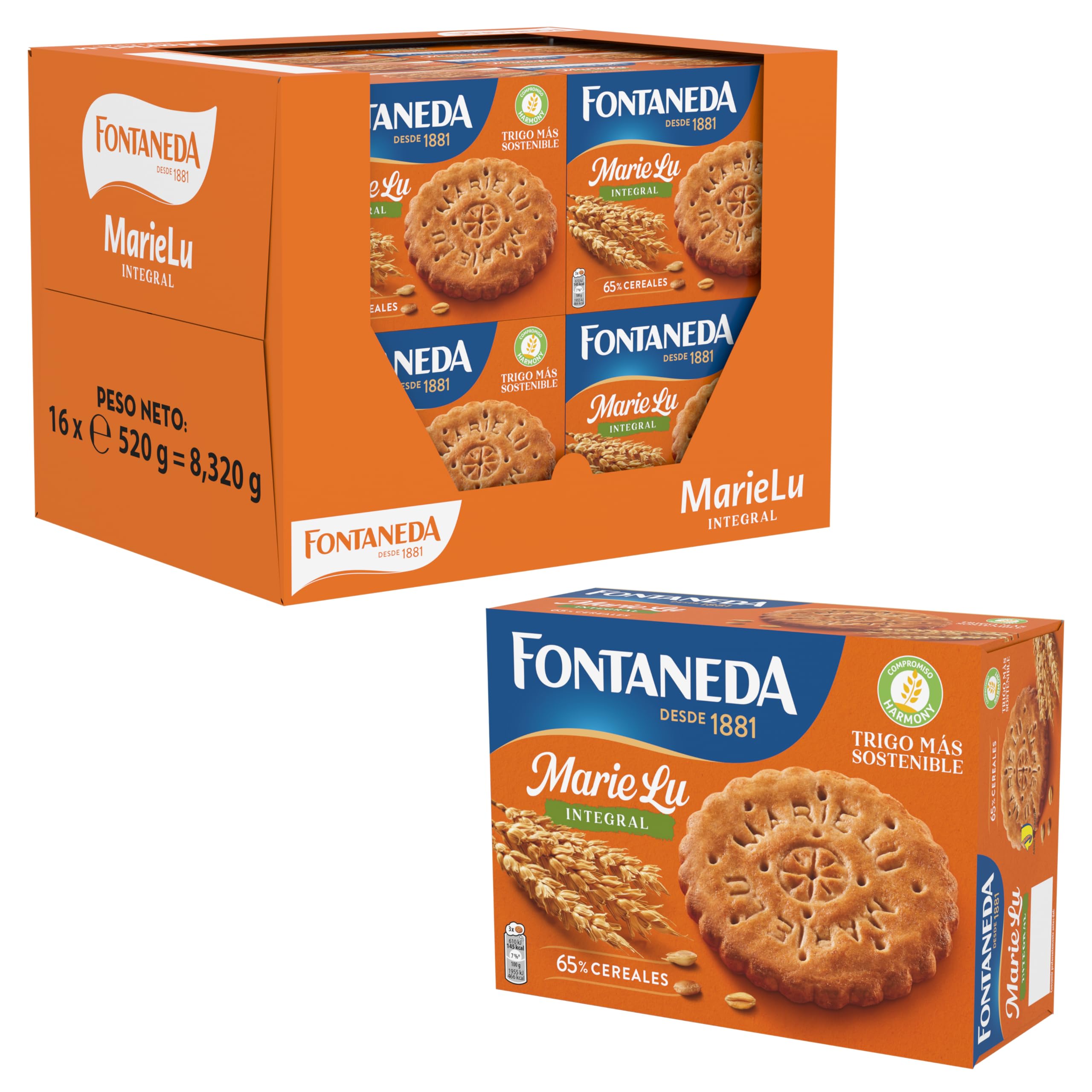 Fontaneda MarieLu Integral Galletas, 65% de Cereales, Fuente de Fibra, 16 Cajas de 520 g