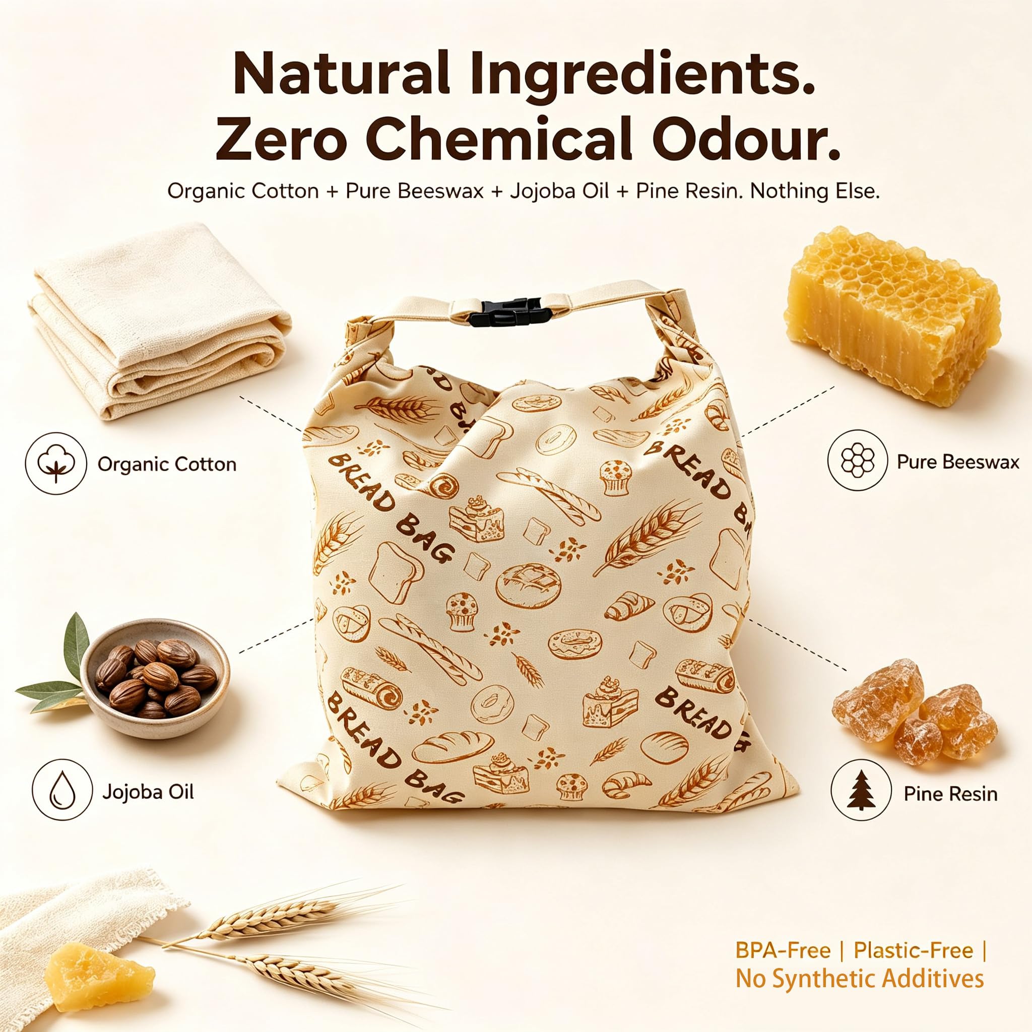 Sacchetti per pane in cera d'api riutilizzabili in cotone biologico per pane fatto in casa, 43 x 33 cm, in cera d'api naturale, ecologici, di grandi dimensioni, con cerniera, per pasta madre