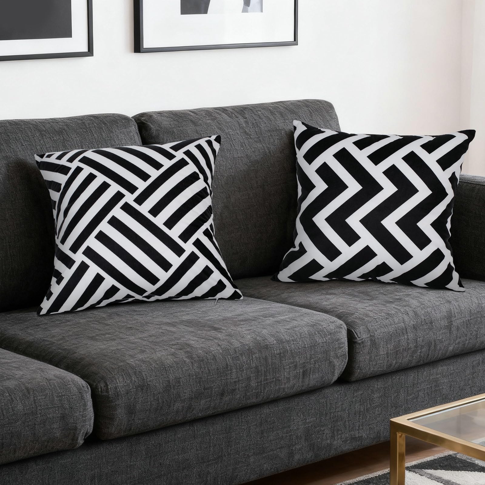 Federe Cuscini 50x50 cm, Copricuscini Divano Bianco e Nero Doppia Faccia Motivo Geometrico in Peluche Corto con Cerniera Federe per Soggiorno Camera Letto Divani da Esterno Set di 2