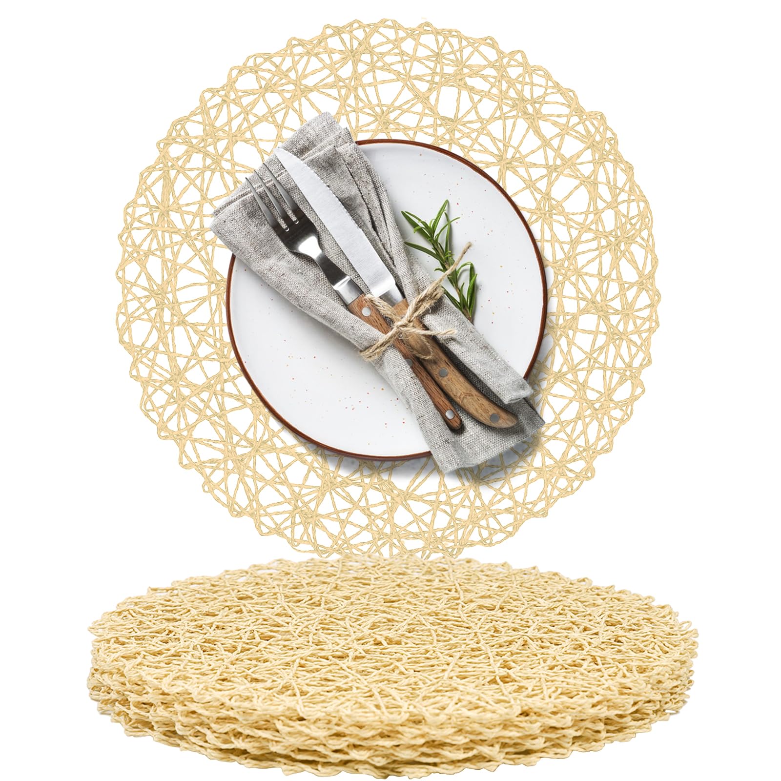 Photo 1 of AHHFSMEI Paper Braided Round Placemats Set of 8 Natural Non-Slip Heat Resistant Table Mats for Dining Tables Woven Indoor & Outdoor Place mats(Burnt Orange,8)