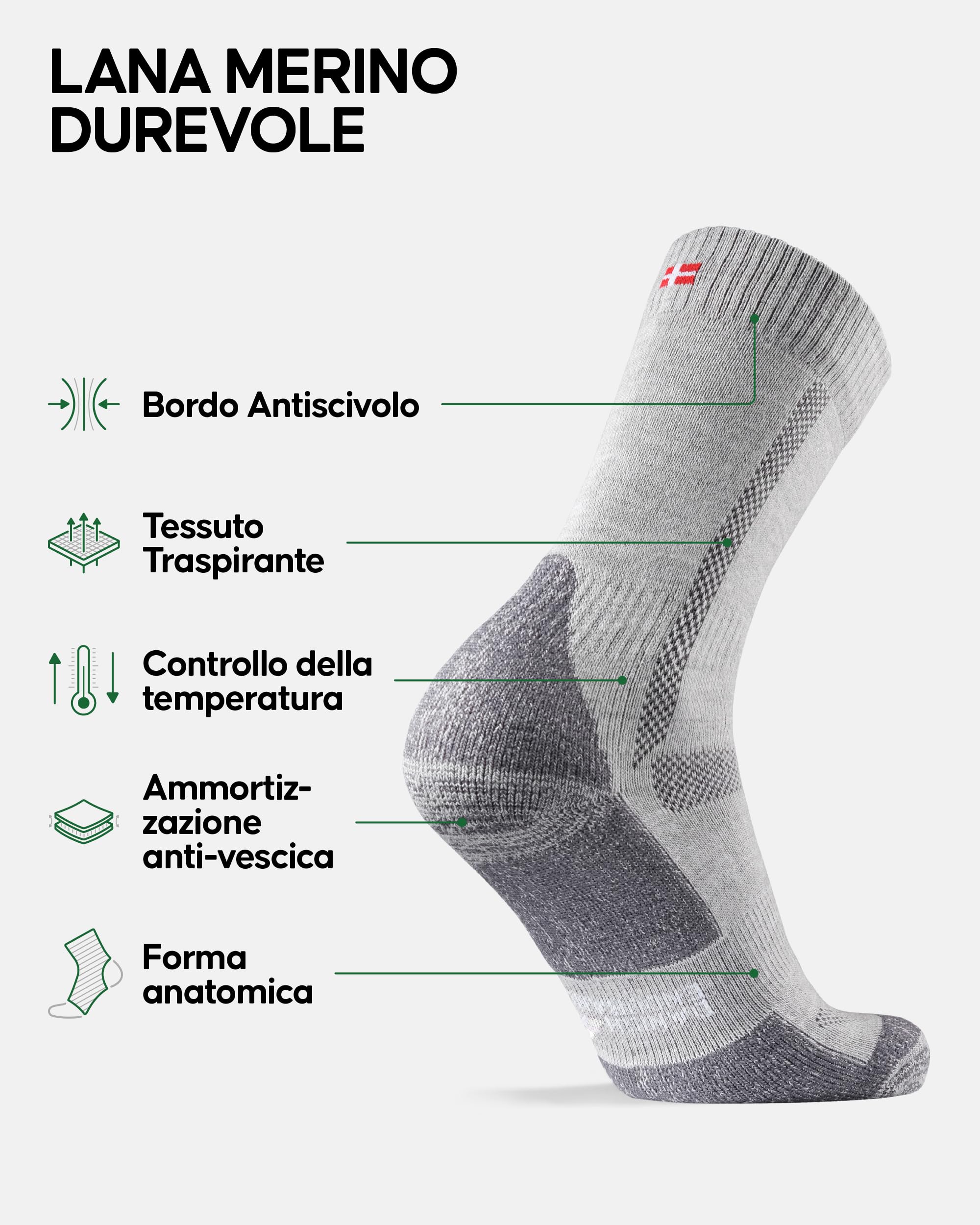 DANISH ENDURANCE Calze Trekking in Lana Merino, Anti-Vescica, Calzini Escursionismo da Uomo, Donna, Bambino, 3 Paia