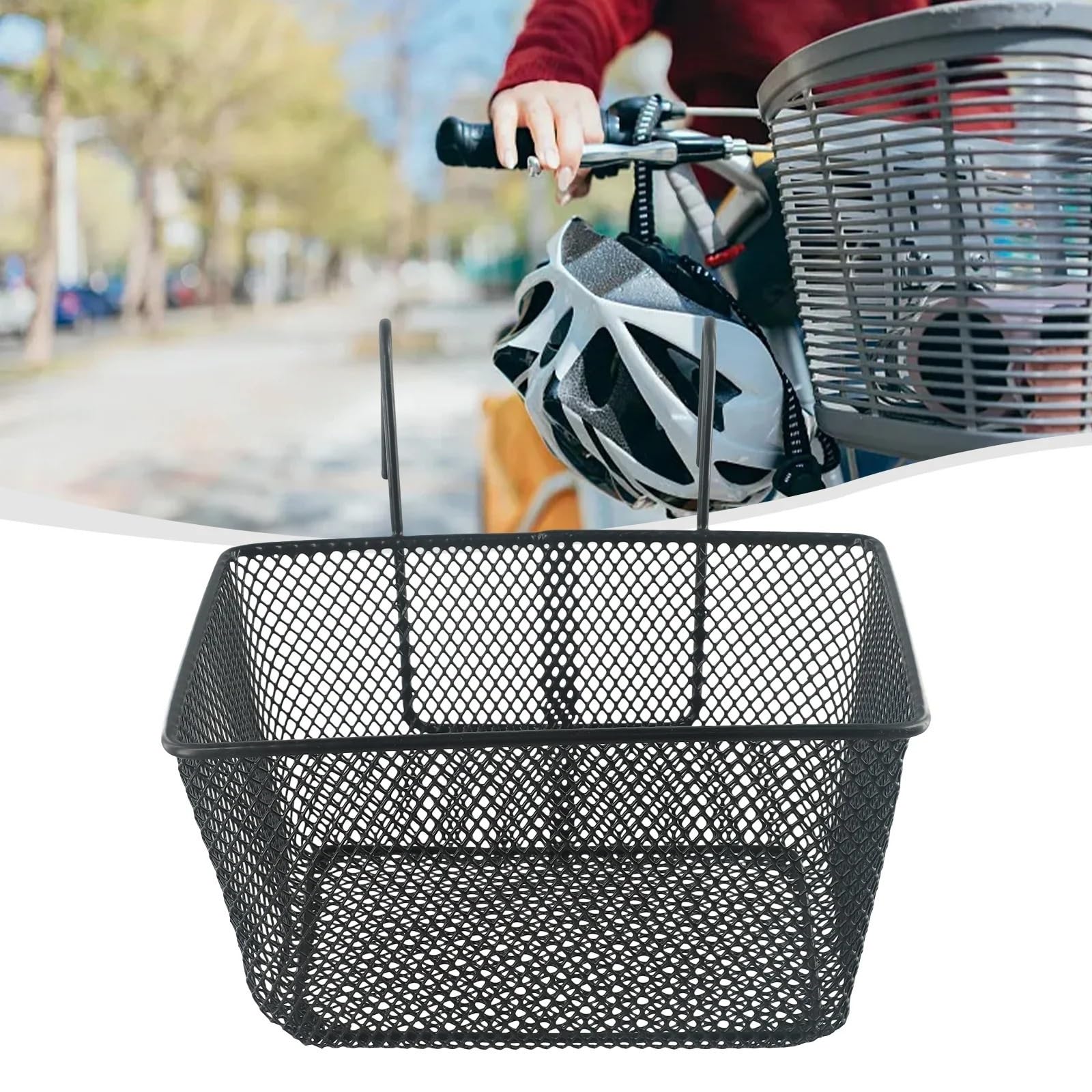 Panier à vélo en Maille métallique | Maille métallique noire 25x17x15cm déplacements, pique-nique, loisirs : guidon avant à dégagement rapide