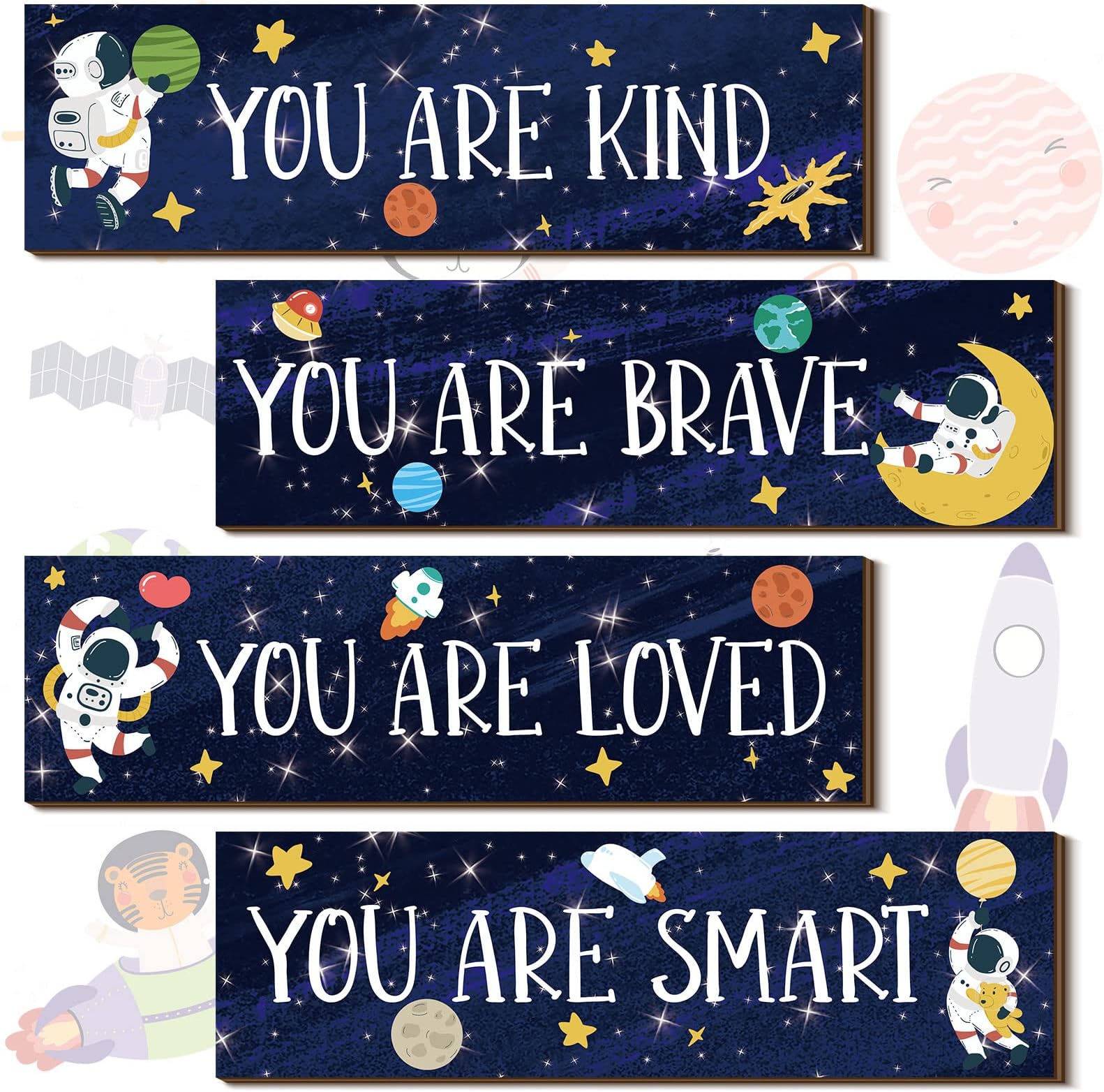 Yookeer 4 Pcs Space Room Decor for Kids Boys Outer Space Wall Art Bedroom Decor for Nursery Classroom Astronaut Galaxy Posters Spaceman Wood Sign Be Brave and Be Kind for Baby Boy(You)