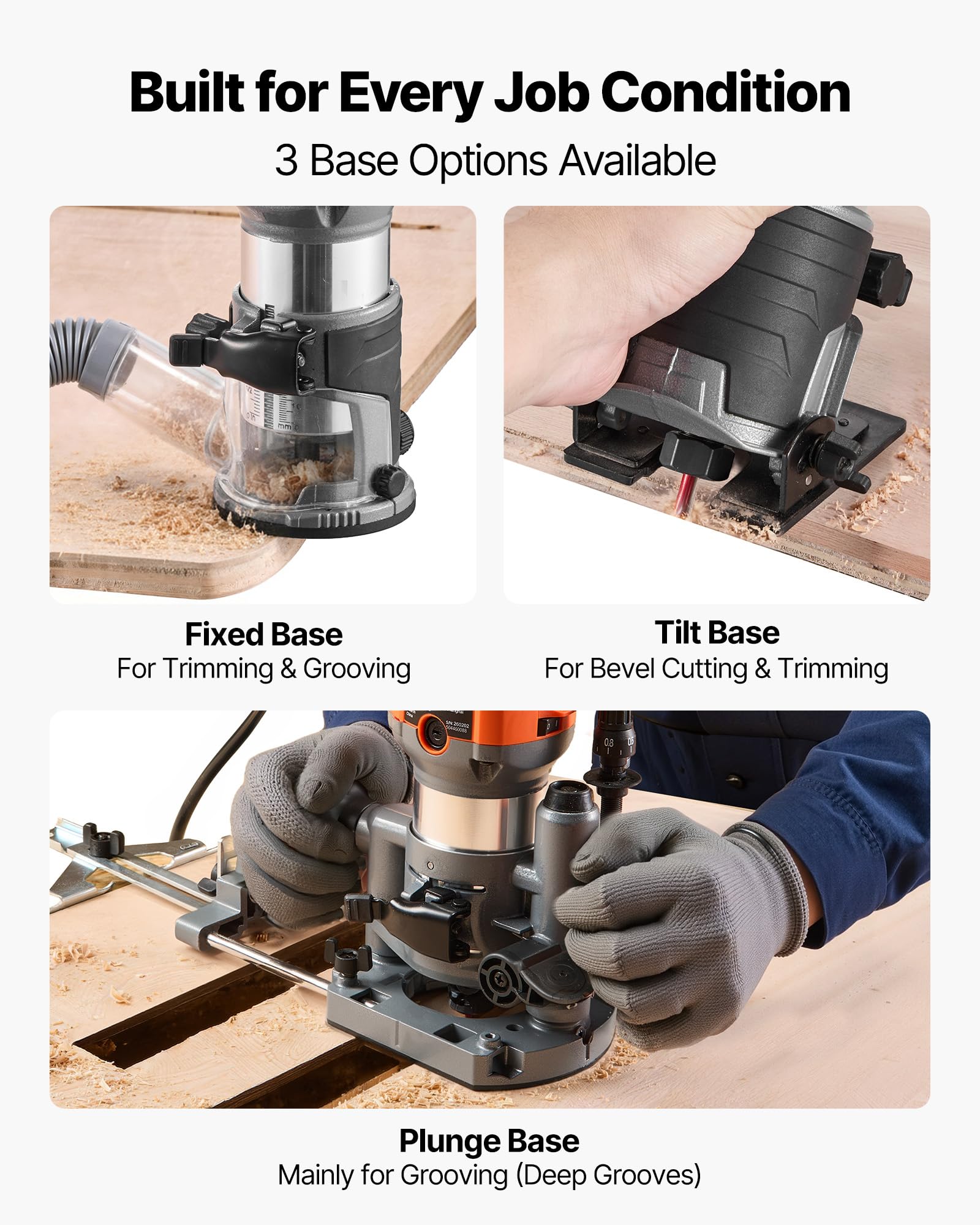 VEVOR Fresadora de Madera 1 HP 710 W, Rebajadora Eléctrica de 6 Velocidades Variables, Arranque Suave, con 3 Bases y Guía Paralela, Fresadora de Cantos para Carpintería, Bricolaje, con Cable