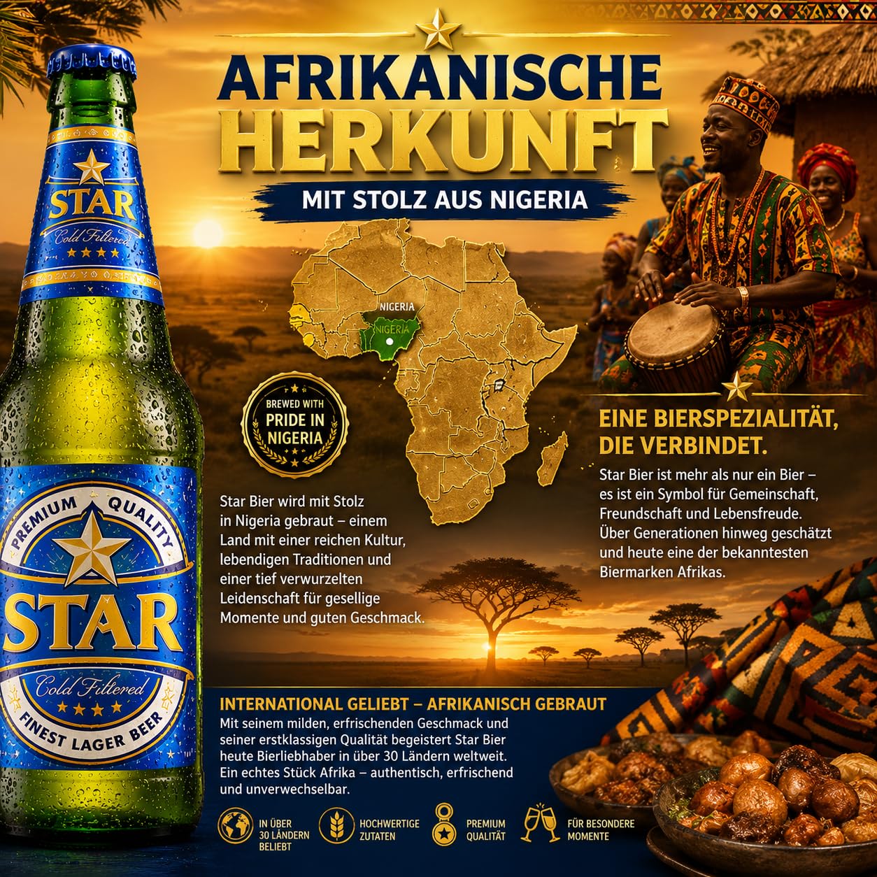 Star Bier Nigeria 12 x 450ml Flaschen Bier aus Afrika mit 5,1% Vol. Premium Lagerbier Importbier aus Nigeria Mild Würzig Vollmundig Exotisches Bierpaket für Bierliebhaber