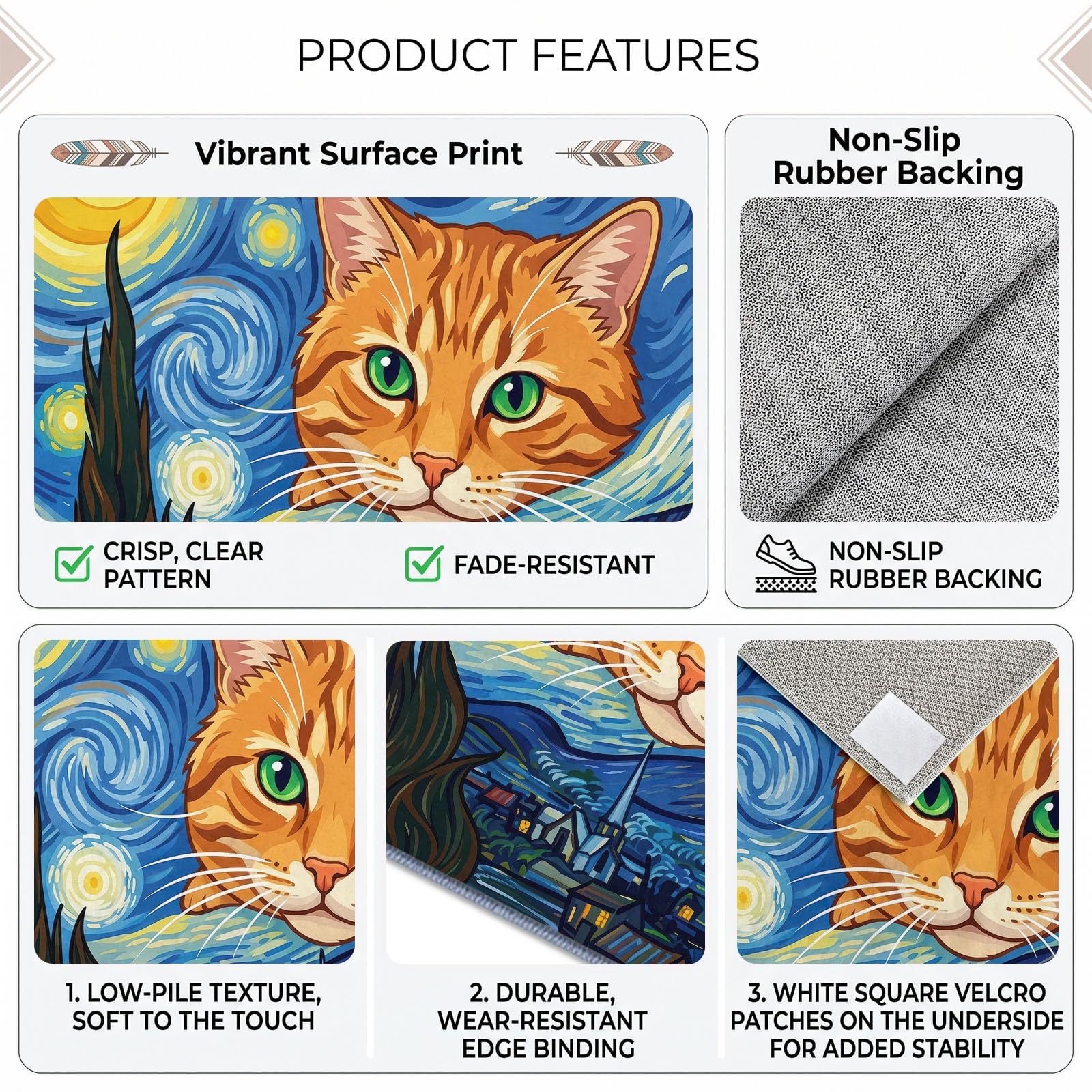 Tapis de Salon Lavable en Machine 160 x 230 cm, Peinture À L'Huile Animaux Chat Ciel Étoilé Tapis Chambre, Antidérapant, Poils Courts, Douce, Adapté à L'aspirateur pour Entree Interieur, Couloir, Bleu