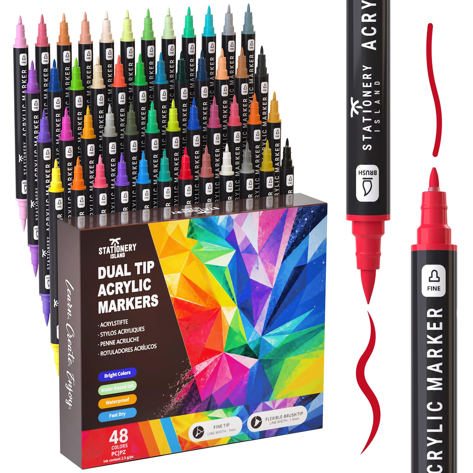 STATIONERY ISLAND Permanent Acrylic Paint Pens 48 Colours – Dual Tip Markers for Rock, Pumpkin, Stone, Glass, Ceramic, Wood & Fabric – Fine & Brush Tip Water Based Paint Pens for Halloween Crafts