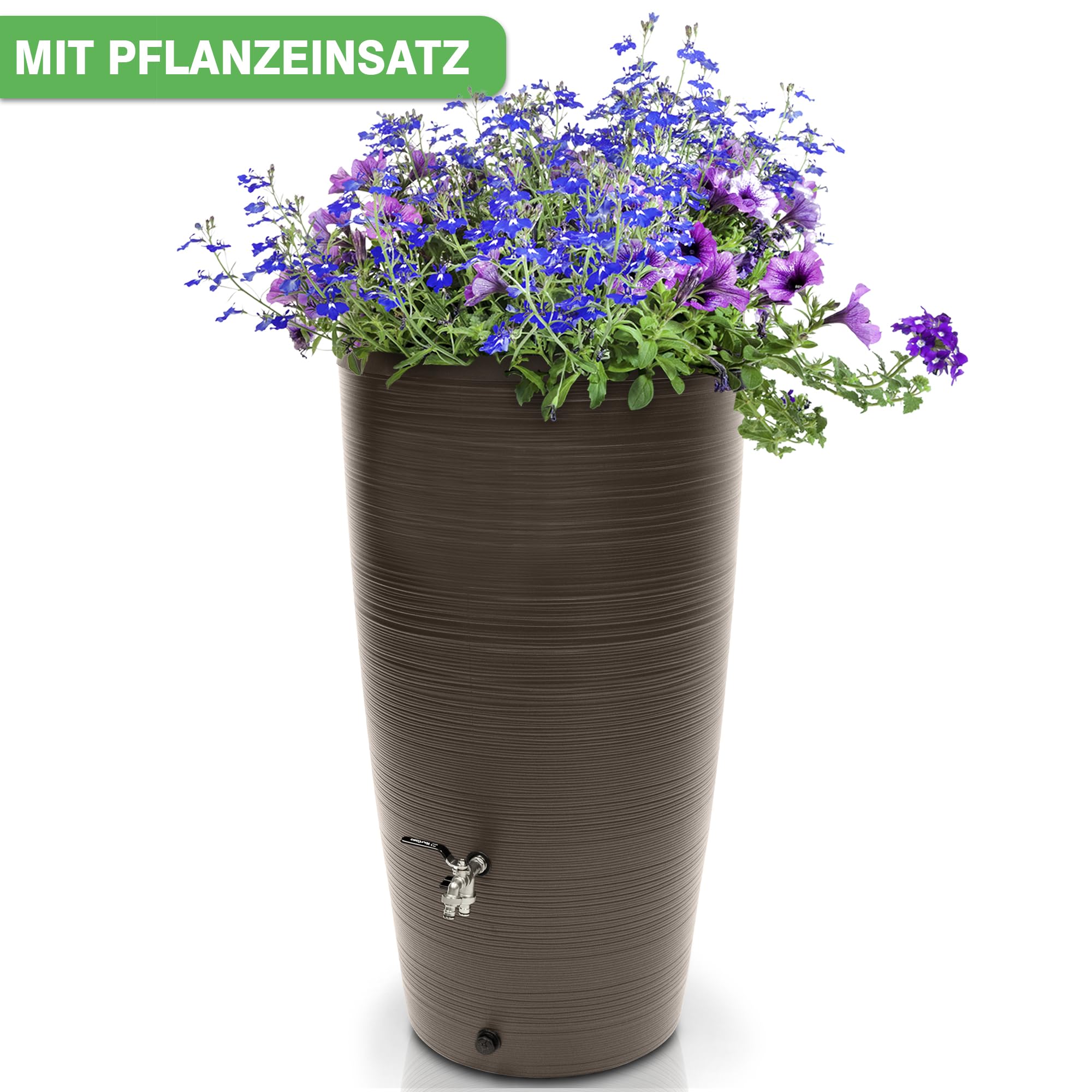 YourCasa Regentonne 240 Liter [Aquasplash] Messing Wasserhahn & Deckel - Regenfass Frostsicher aus Kunststoff - Regenwassertonne - Regenwassertank Garten Wassertank Regensammler Wasserfass (Mocha)