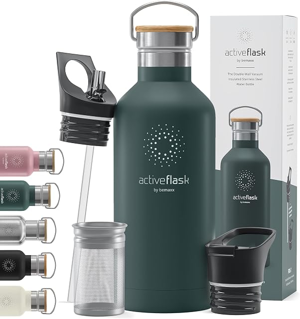 Stainless Steel Water Bottle + Straw (3 Lids) - Leak-Proof & BPA-Free | Insulated Active Flask Drinking Bottles - 24h Cold / 12h Hot, 1l/500ml Outdoor Mug, Tea Coffee, Sport Camping Gym