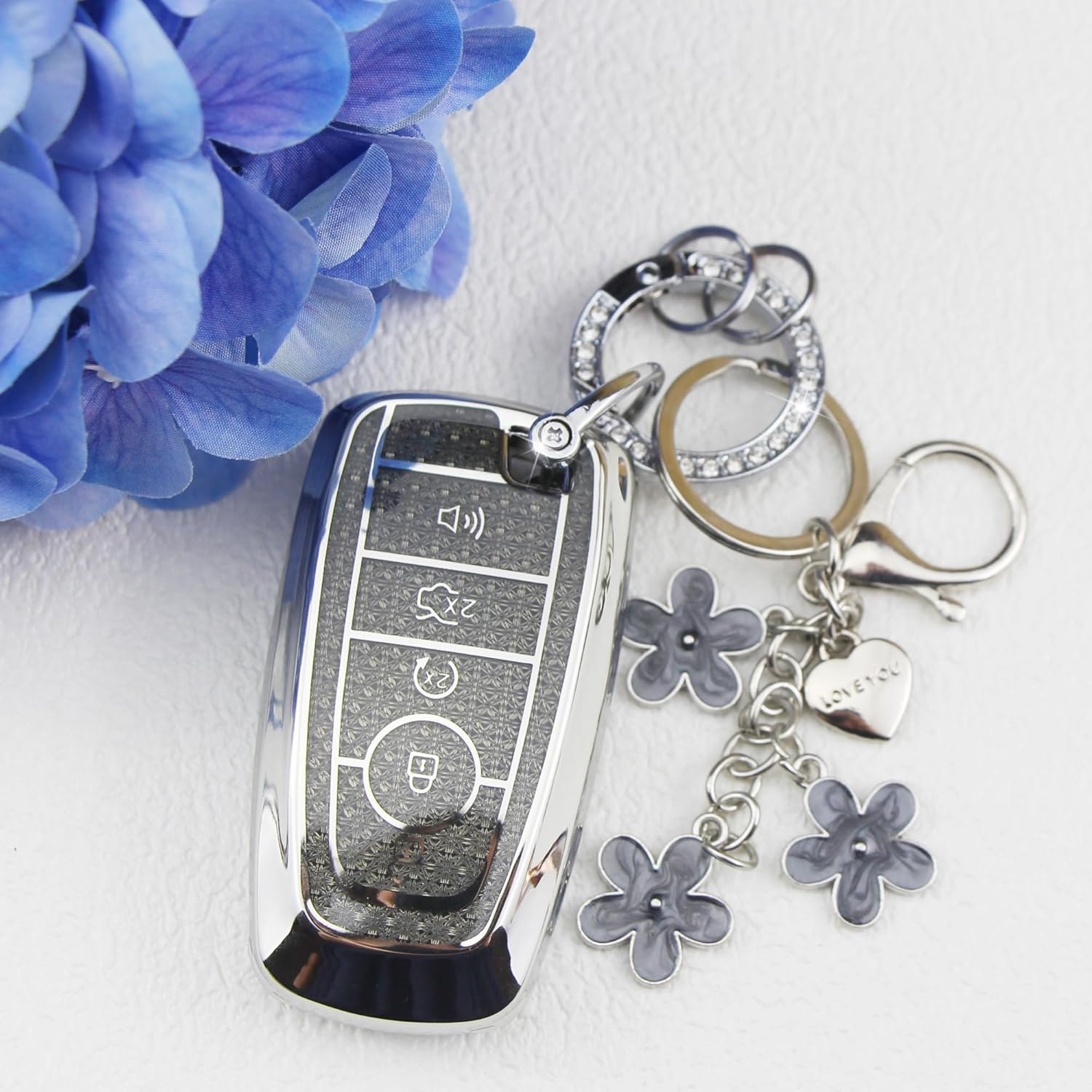 Black TPU Key Fob Cover with Plum Blossom Keychain Compatible with Ford Fusion Mustang F150 Edge Explorer Lincoln MKZ 2013-2017,MKC 2015-2017,MKX 2016-2017 5-Button Smart Key for Women - Image 3