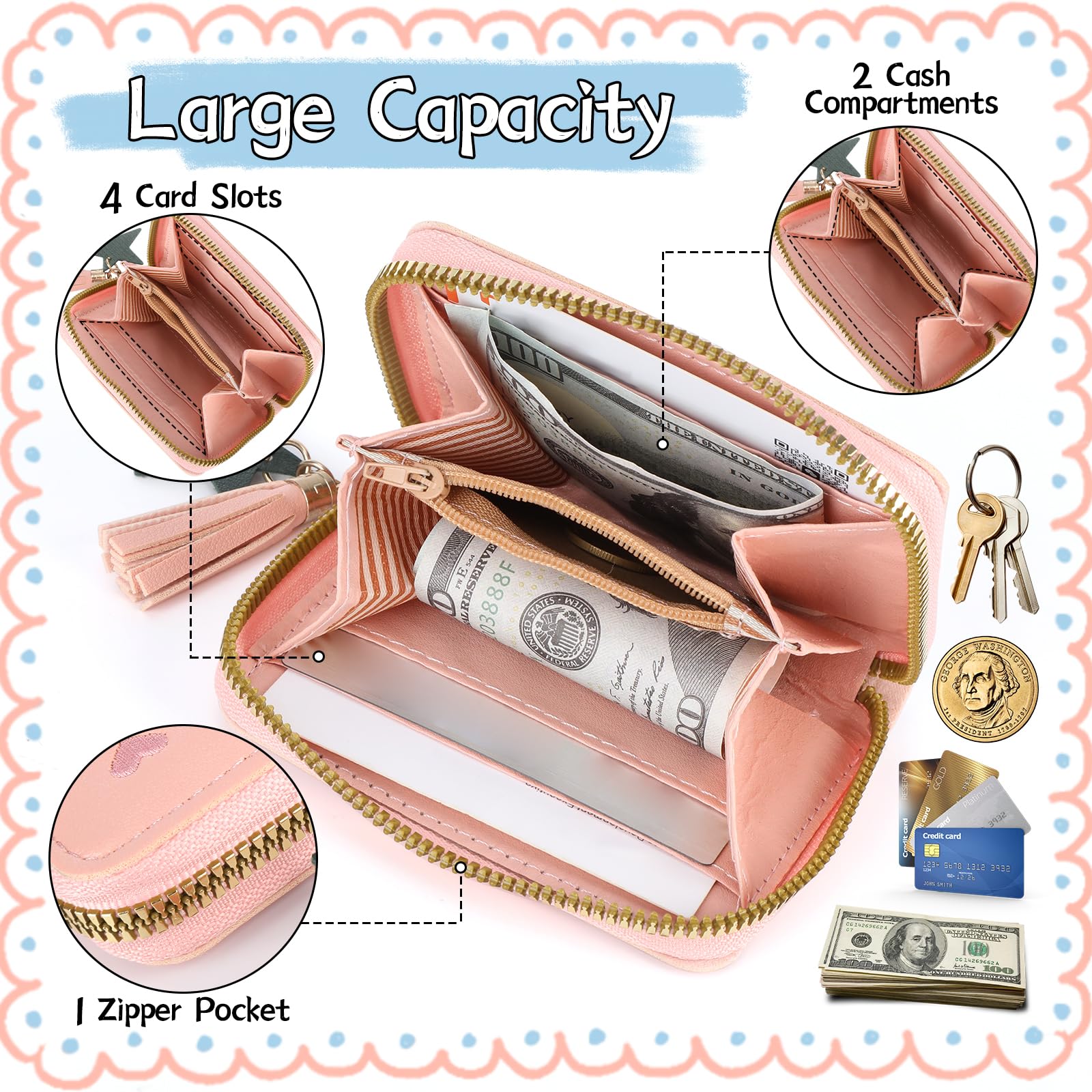Lot de 3 porte-monnaie pour fille - En cuir synthétique - Avec pompon et fermeture éclair - Pour adolescentes et femmes (bleu, rose, noir)