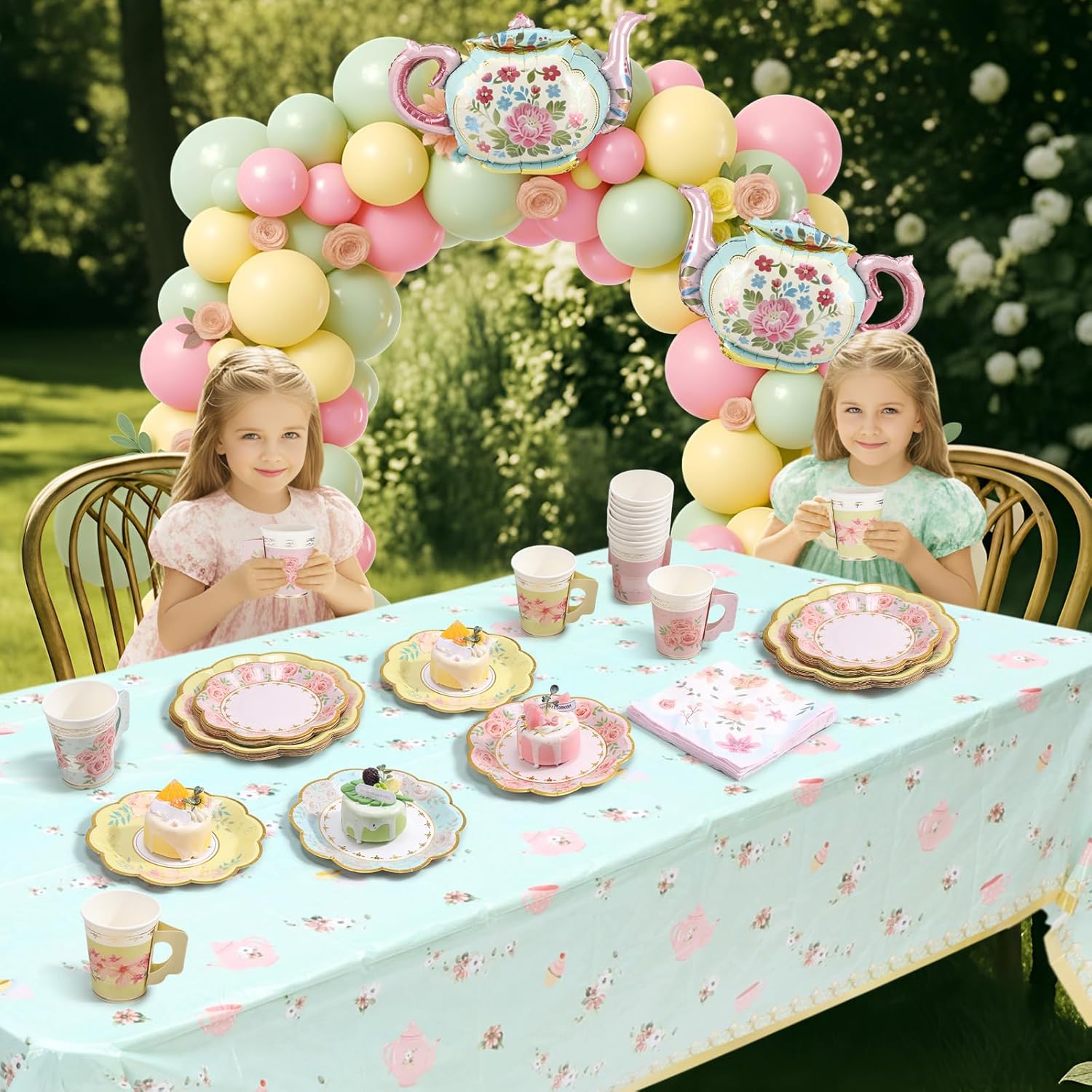 FoldTier 174 Pcs Tea Party Decorations and Supplies for 12 Guests, Floral Disposable 7" and 9" Paper Plates, Paper Cups, Napkins, Tablecloths, Balloons for Floral Birthday Party Wedding Baby Shower