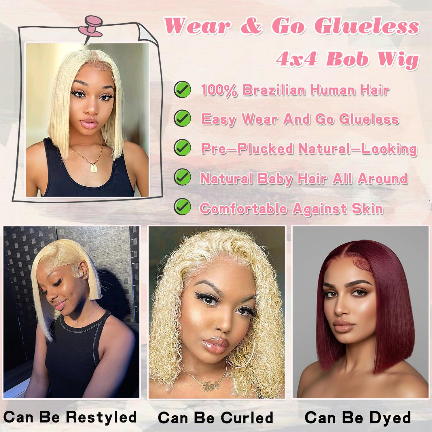 100% Brazilian Human Hair Glueless Pre-Plucked Lace Bob Wig