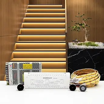 Intelligent Motion Sensor LED Stair Lighting Kit KMG-3233, 60 Inch Cuttable LED Strip Light for Indoor Stair Lights - Warm White 3000K, 20 Stairs