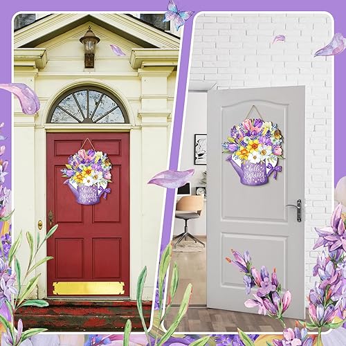 Miniatura 5 de Juexica Letrero de puerta con texto en inglés Hello Spring para puerta delantera, con flores, coronas, decoración colgante de madera de primavera,