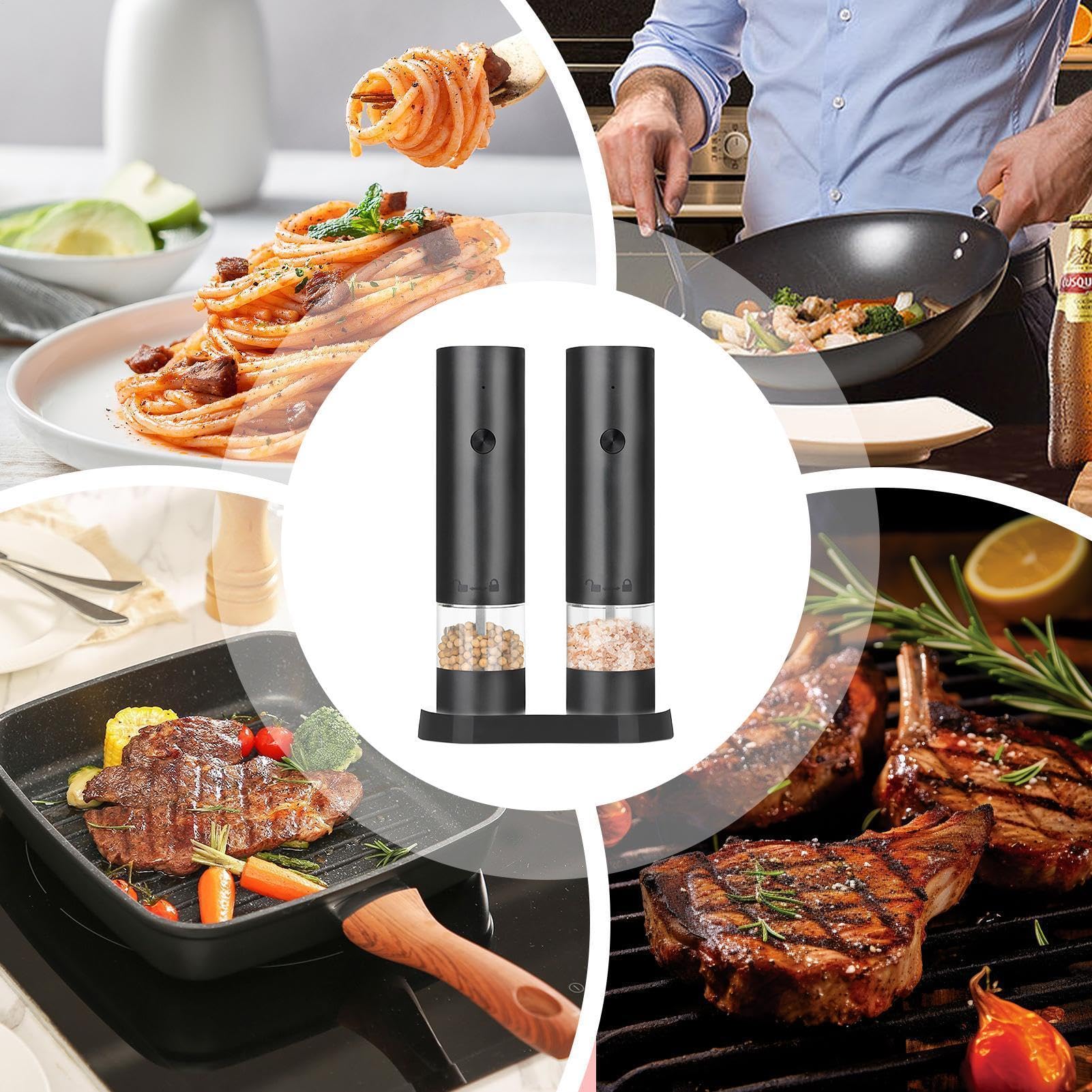 Electric Grinder Set, Salt Pepper Grinder, Rechargeable Chili Grinder, Automatic Grinders, Rechargeable Chili and Pepper Grinders with Led Light, Automatic Mill Bottle for Salt