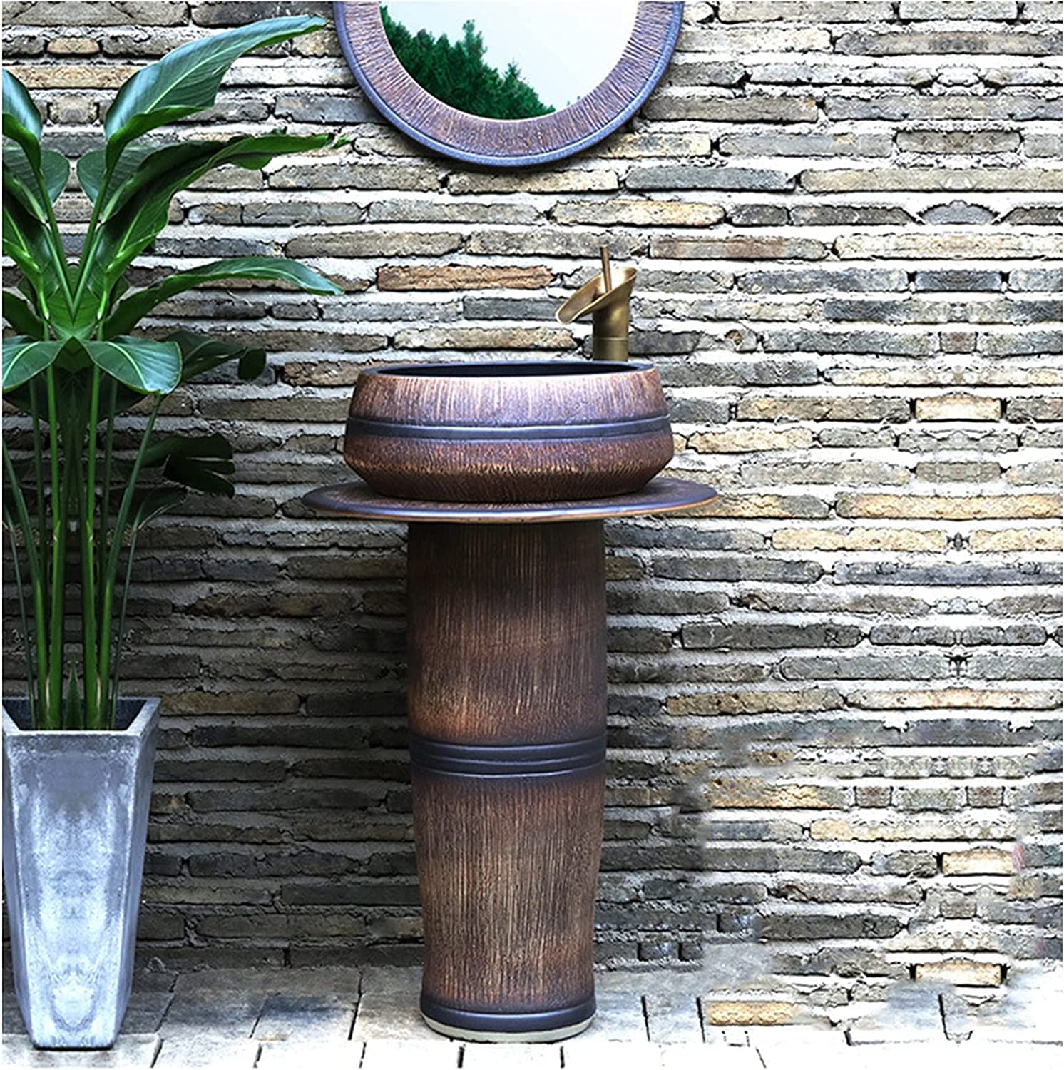 OLSKFUH Freestanding Pedestal Sink Floor Standing Art Sink Oval Bathroom Basin Sink, Pedestal Bathroom Sink Ceramic Basin Sink And Pedestal Lavatory Sink For Indoor And Outdoor,B,L