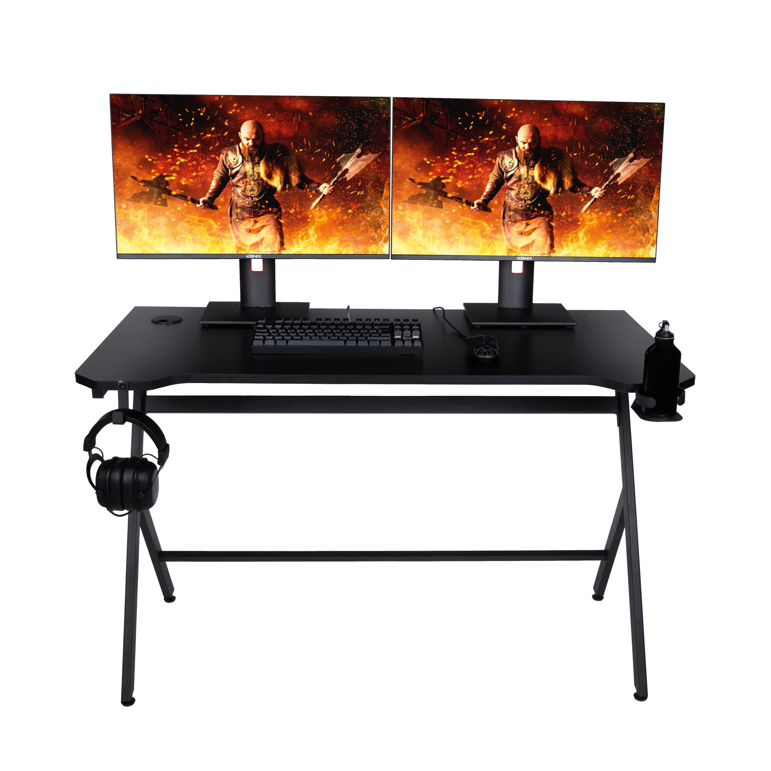 Konix Drakkar Escritorio Gaming Mani 121 x 69 x 76 cm en Forma de Y - Tablero de Mesa de Madera y Metal - Portavasos y Soporte para Auriculares incluidos - Negro