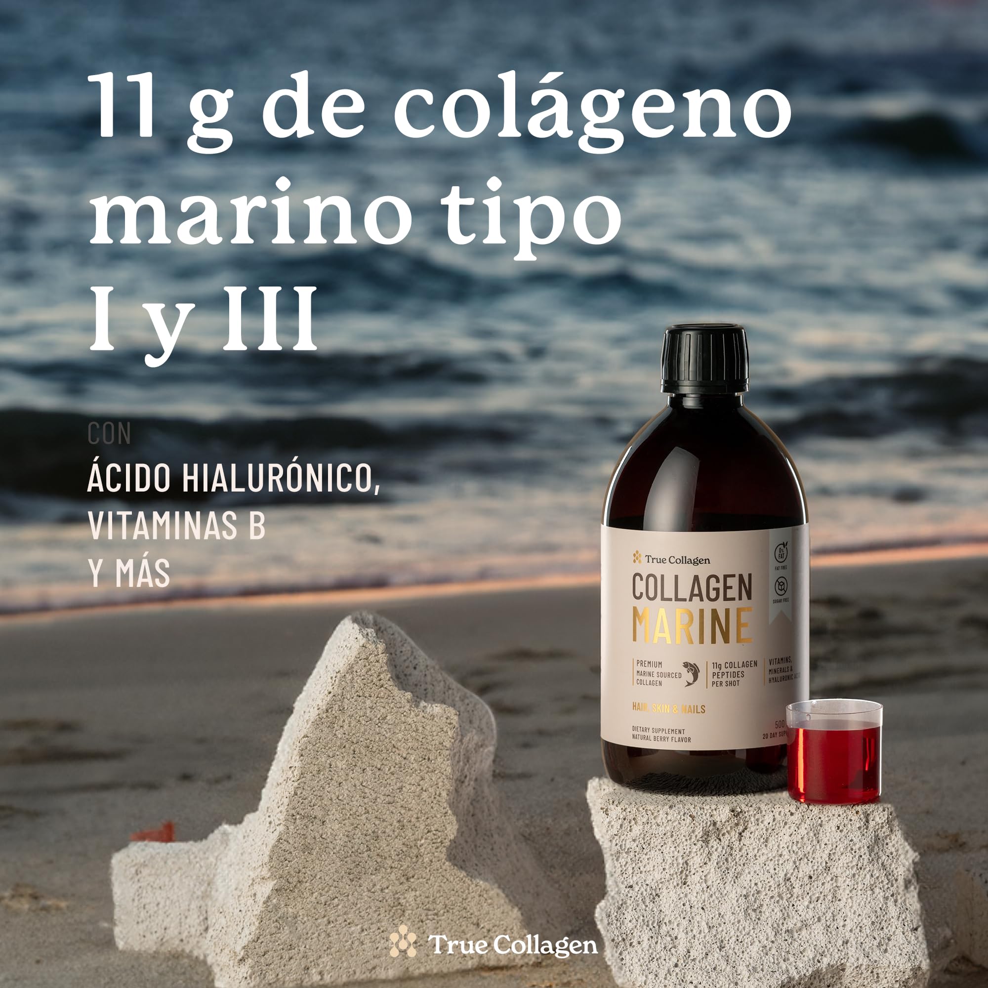 True Collagen | Suplemento Líquido de Colágeno Hidrolizado de 11 000 mg - 2 x 500 ml (1000 ml), Suministro para 40 días | Ácido hialurónico, biotina y vitamina C para un cabello, piel y