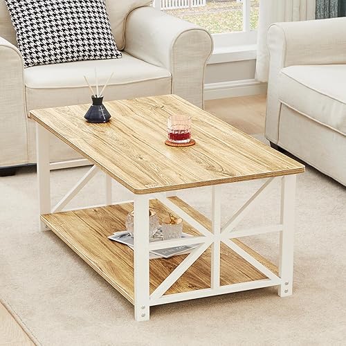 Miniatura 25 de GreenForest Mesa auxiliar con esquina redonda, mesa central de granja con estante de almacenamiento de 2 niveles, diseño de marco en X para sala de