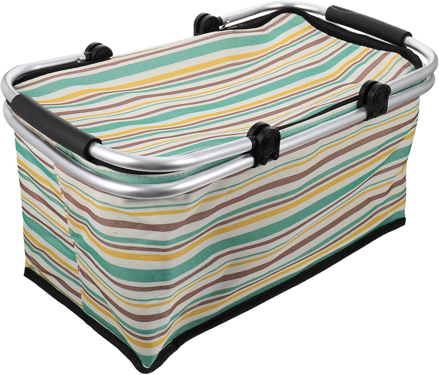 UKCOCO Insulated Picnic Basket with Handle and Reusable Cooler Bag, Yellow Stripe Grocery Basket for Outdoor Dining and Family Picnic Use