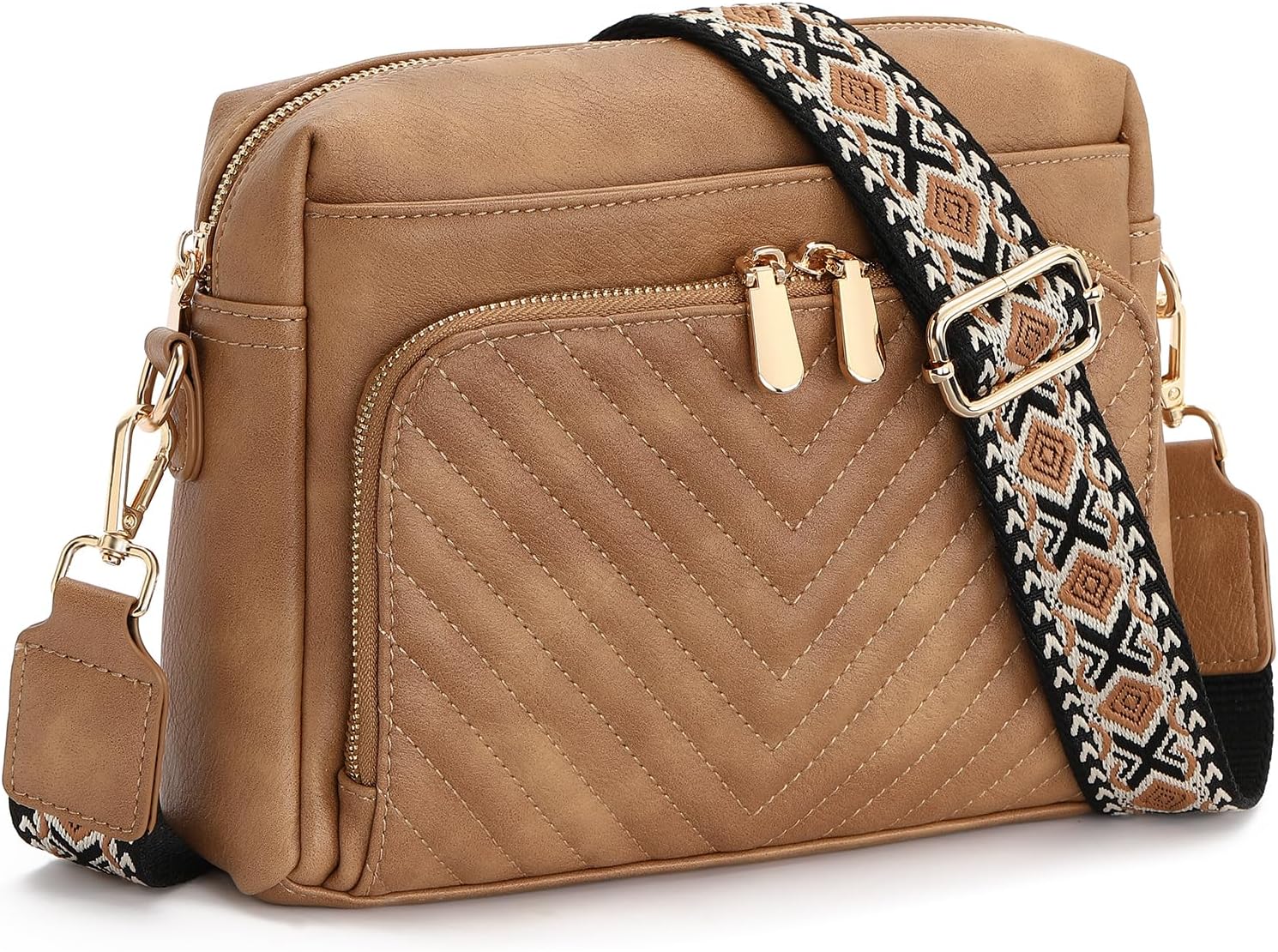 GAEKEAO Quilted Crossbody Bags for Women Vegan Leather Purses with Wide Strap,Women's Mudium Travel Purse Built in Wallet