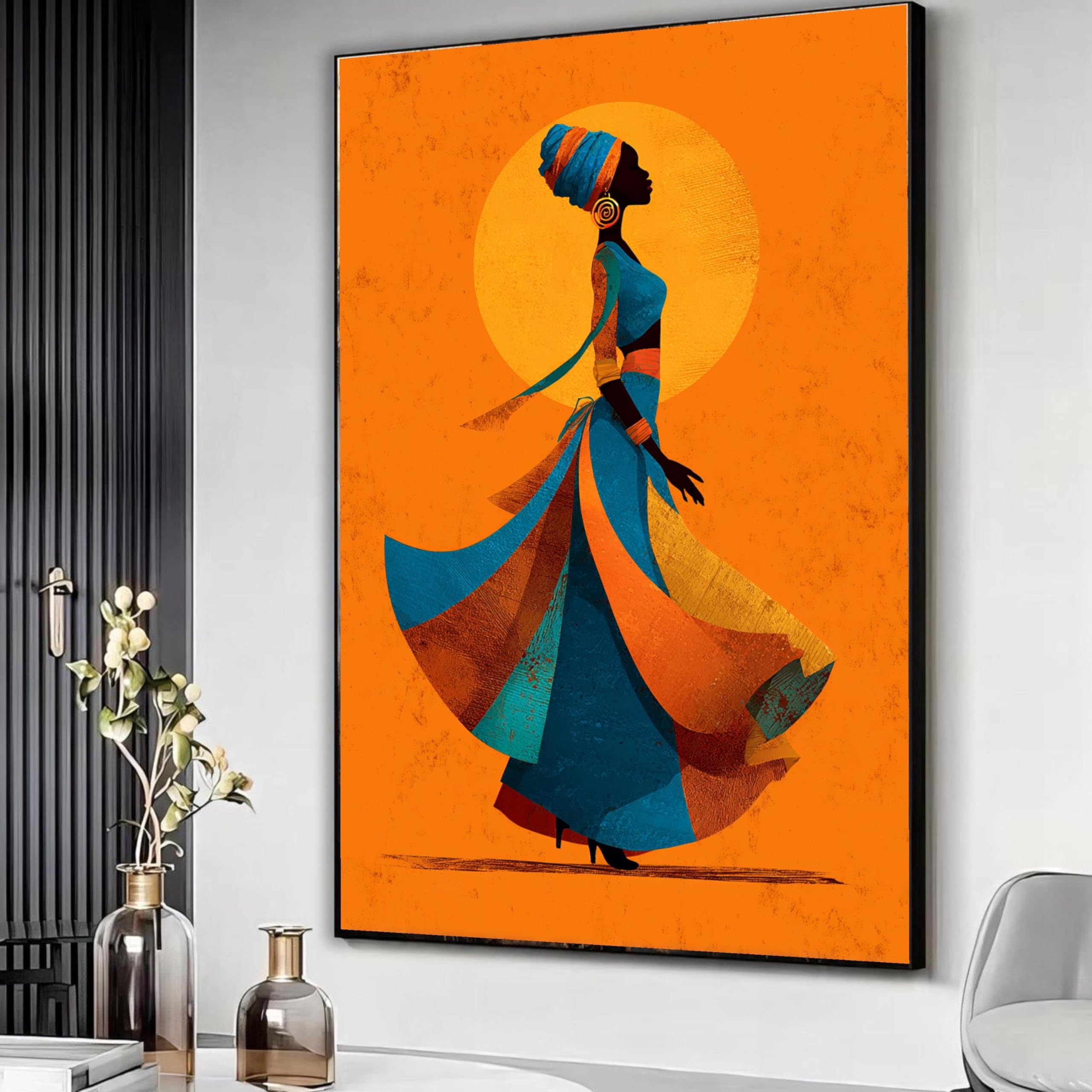 TONGYINLI African Woman Silhouette Canvas Prints, Colorful Art Oil Painting, Ethnic Wall Decor, Orange Blue Canvas Artwork(70x110cm/Frameless)