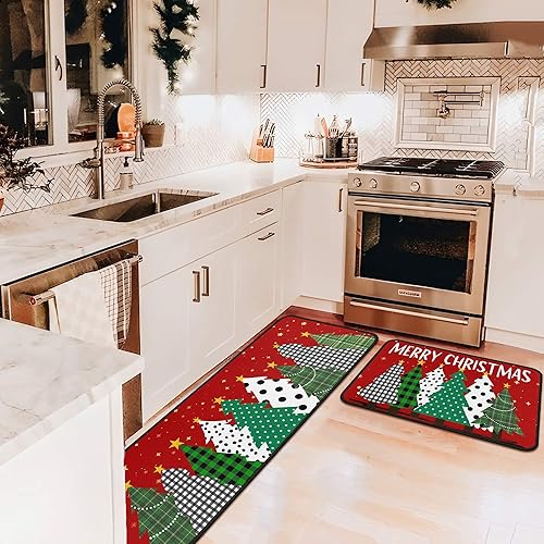 Miniatura 3 de Juego de 2 alfombras y tapetes de cocina rojos de búfalo con diseño de árboles de Navidad, decoración de piso de bajo perfil para fiestas de