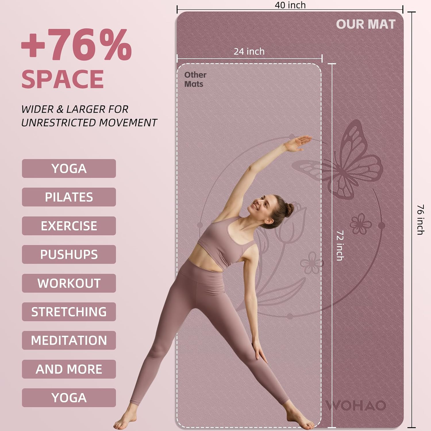 Large 76"x40"x0.4" Yoga Mat - Extra Width & Thick Non-Slip Exercise Mat, Versatile for Stretching, Yoga Studio, Gym, Home & Indoor/Outdoor Workouts - Image 2