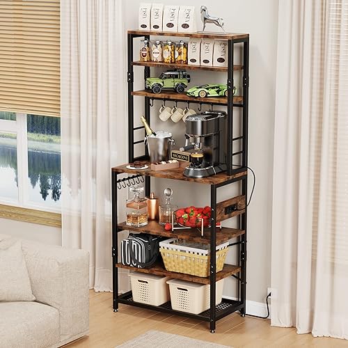 Miniatura 4 de Amosic Estante de cocina para panadería con toma de corriente, estante de metal multiusos de 7 niveles, estante de especias de pie para el suelo,