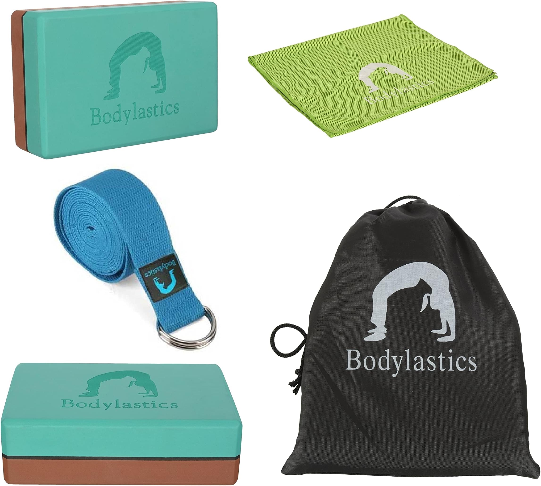 Bodylastics Yoga Blocks Set of 2, Yoga Strap, Cooling Towel with Storage Bag High Density EVA Foam Non-Slip Workout Bricks to Improve Poses Balance Flexibility Support Strength Training Exercise