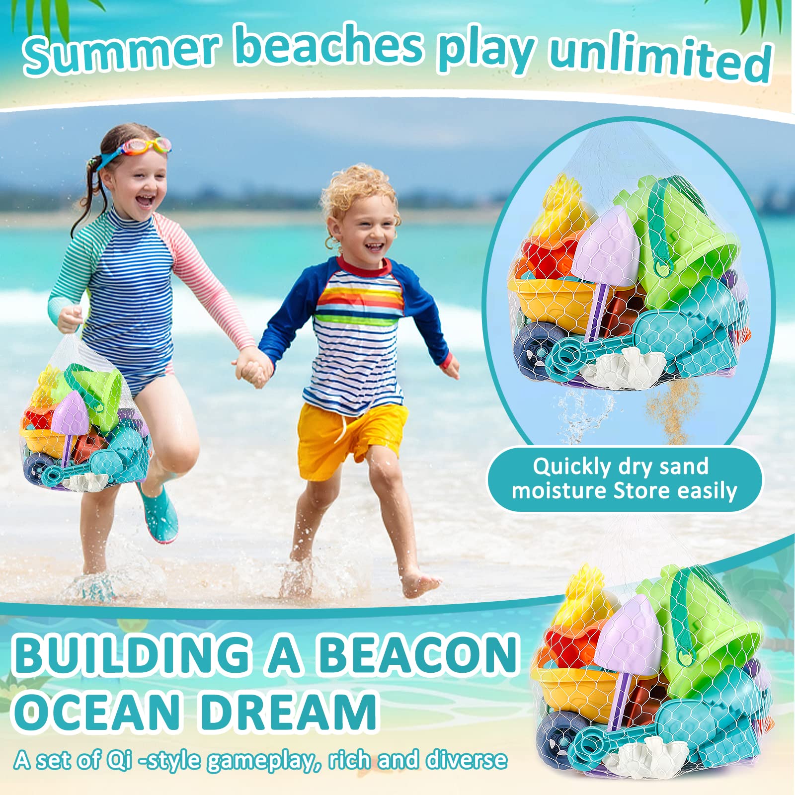 FAMKEEP Jouet de Plage 26 Pièces,Kit de Jeu de Plage Enfant avec Sac en Filet pour Enfants avec Seau Plage,Pelles,Râteaux,Arrosoir Jouet de Sable Enfant pour Bac a Sable Intérieur Extérieur