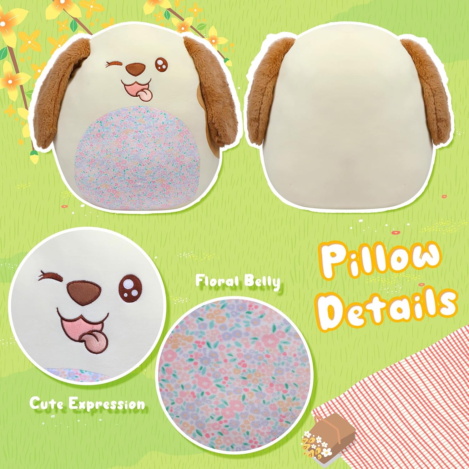20-Inch Large Dog Plush Pillow with Floral Belly Soft Jumbo Puppy Plush Toy Giant Cute Hugging Stuffed Animal Birthday Gift for Kids Adults