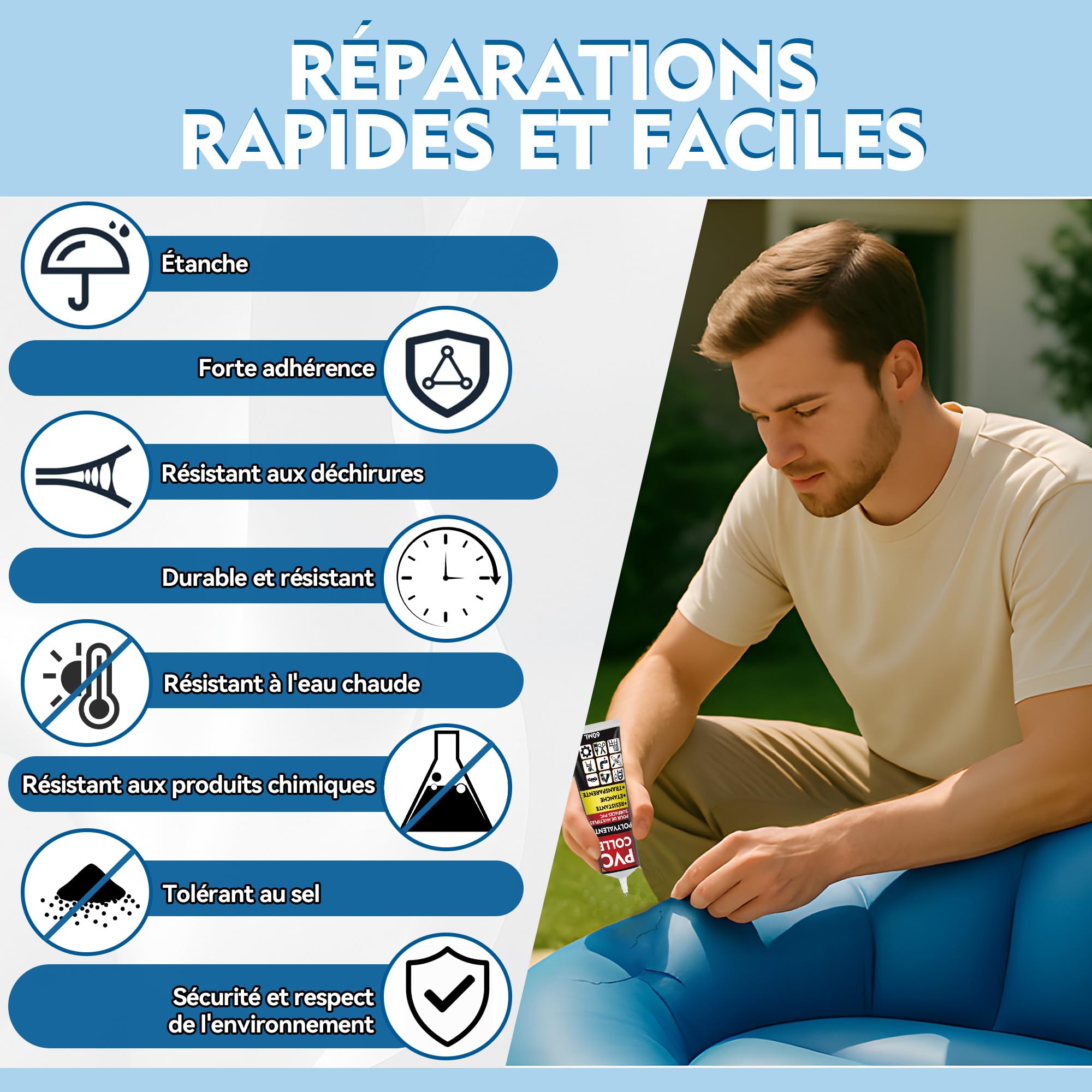 Kit Réparation Piscine Liner Colle pour réparations Rapides d'articles gonflables