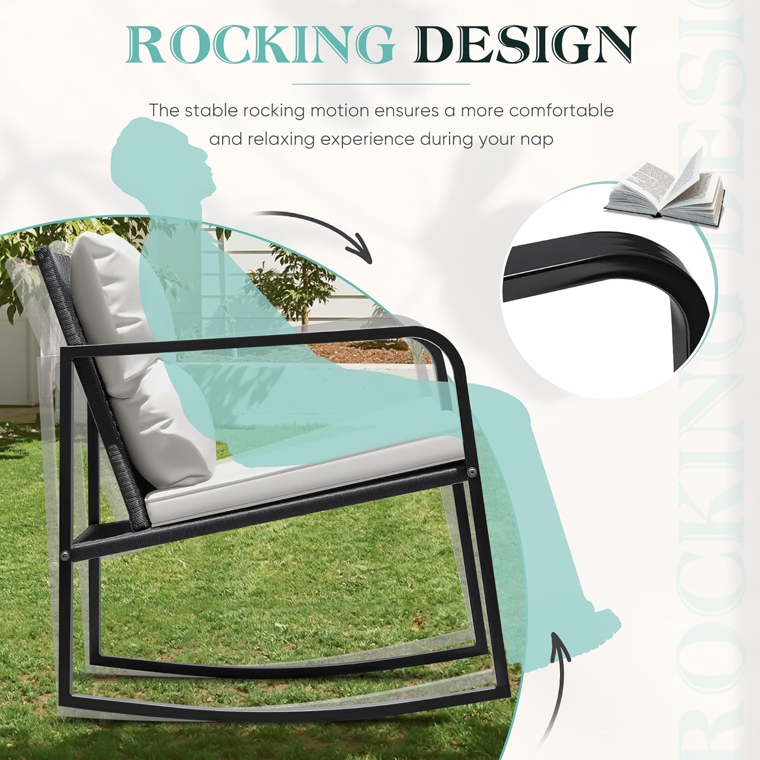 3 Pieces Rocking Wicker Bistro Set Patio Outdoor Furniture Conversation Sets with Porch Chairs and Glass Coffee Table for Backyard Balcony Poolside(Blue)