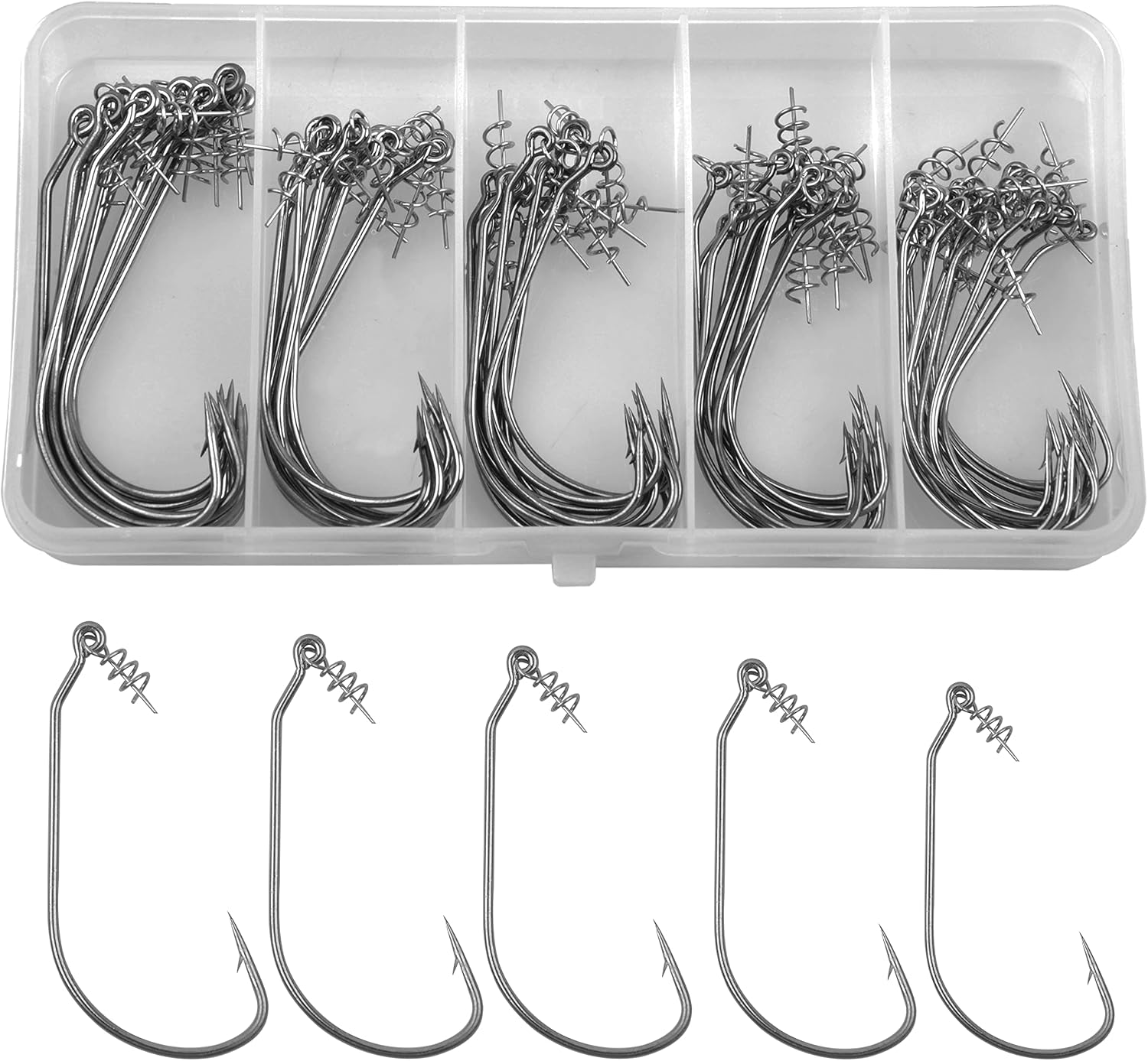 Twist Lock Fishing Hooks with Centering Pin, 55pcs Bass Fishing Worm Hooks Unweighted Swimbait Hooks Kit for Soft Plastic Lures Baits 5 Sizes