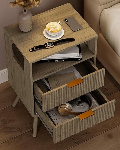 Vista 4 de Mesita de Noche Gris, Mesa Auxiliar Moderna con 2 Cajones de Almacenamiento y Estante de Madera Abierta, para Dormitorio y Espacios Pequeños, Mesita