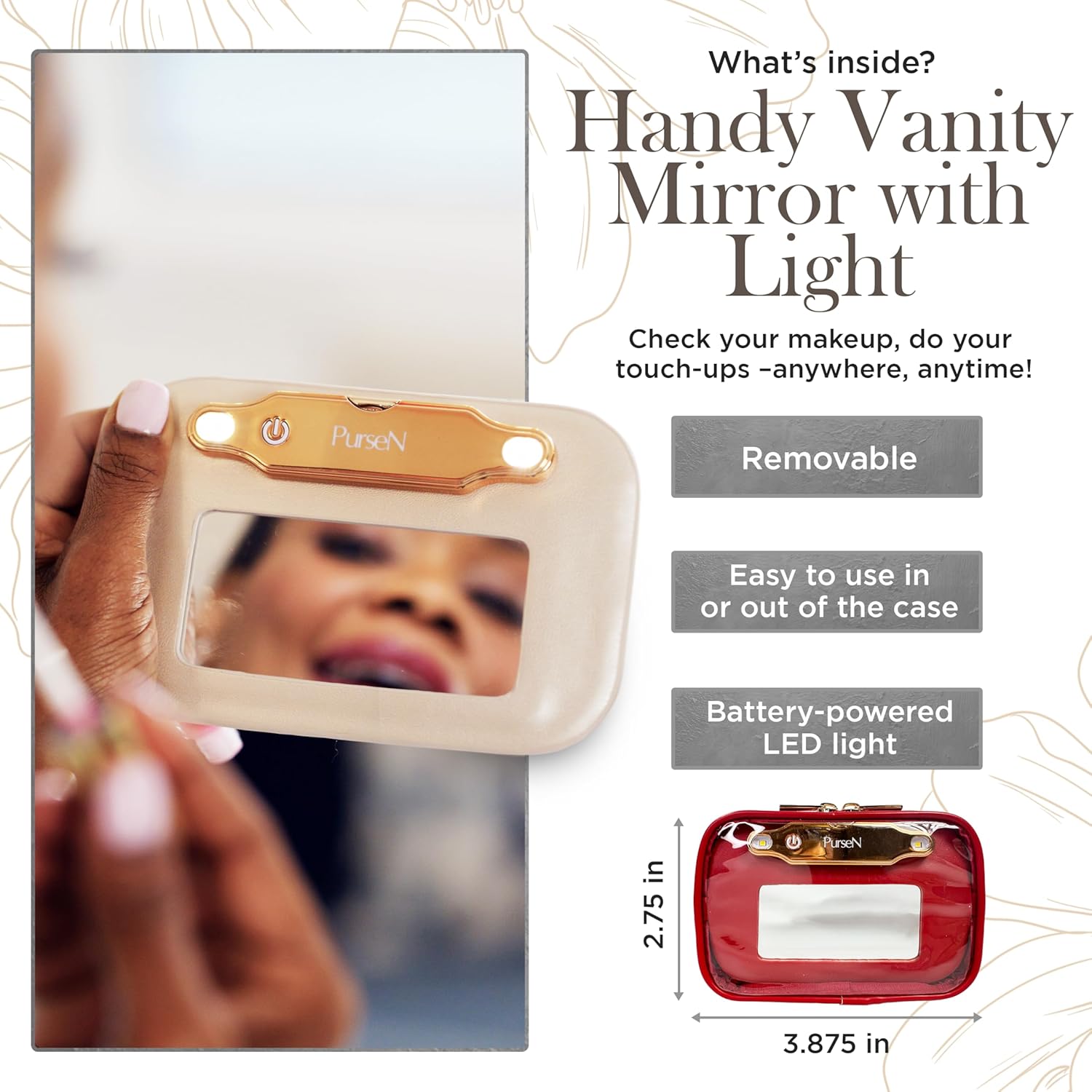 OFT 2024 LITTMINI Lighted Mirror Case - Small Makeup Bag with Detachable Mirror & Multiple Pouches for Organization - Vegan Leather, Mini Makeup Bag Ideal for Travel & Everyday Essentials (Red)