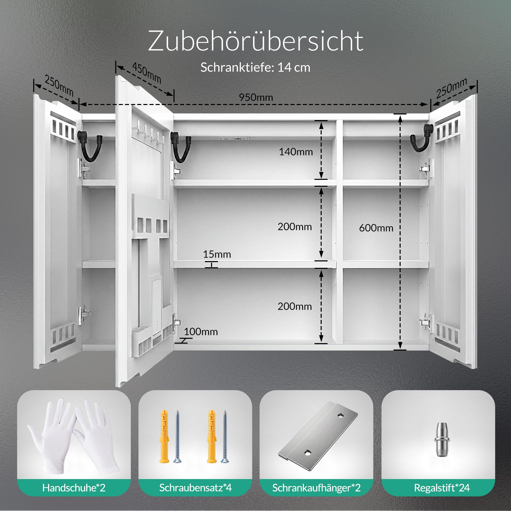 Spiegelschrank Bad mit Beleuchtung – 3 Farbtemperaturen dimmbar & verstellbare Böden, komplett vormontiert mit Steckdose (EU), Type-C & USB, Antibeschlag & IP44 – 95x60x14cm Weiß