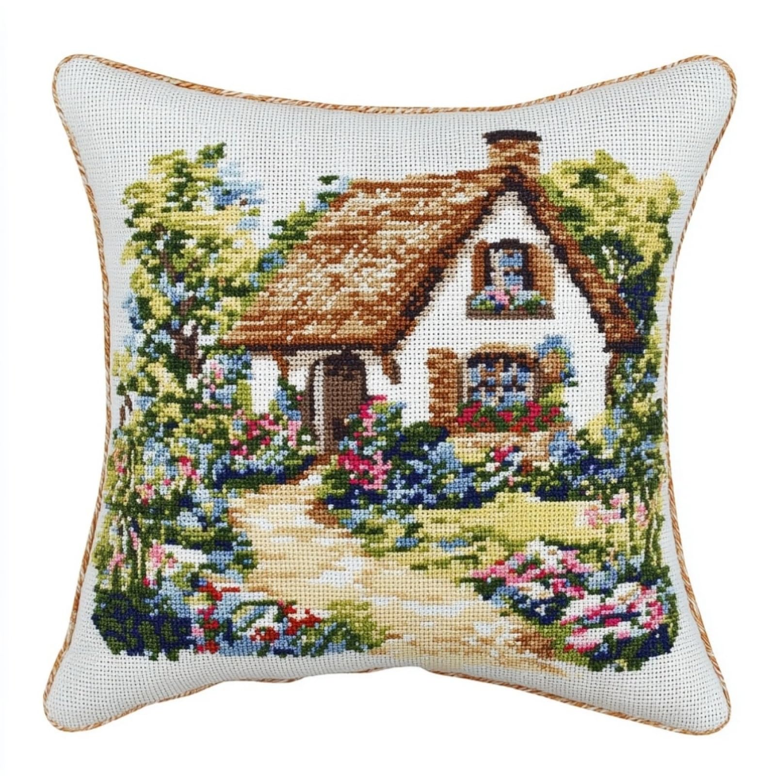 WallustrioaW Cross Stitch Cushion Kits for Adults,Garden Cottage Needlepoint Cushion Kit Cross Stitch Throw Pillow for Creative Home Decor 18x18in