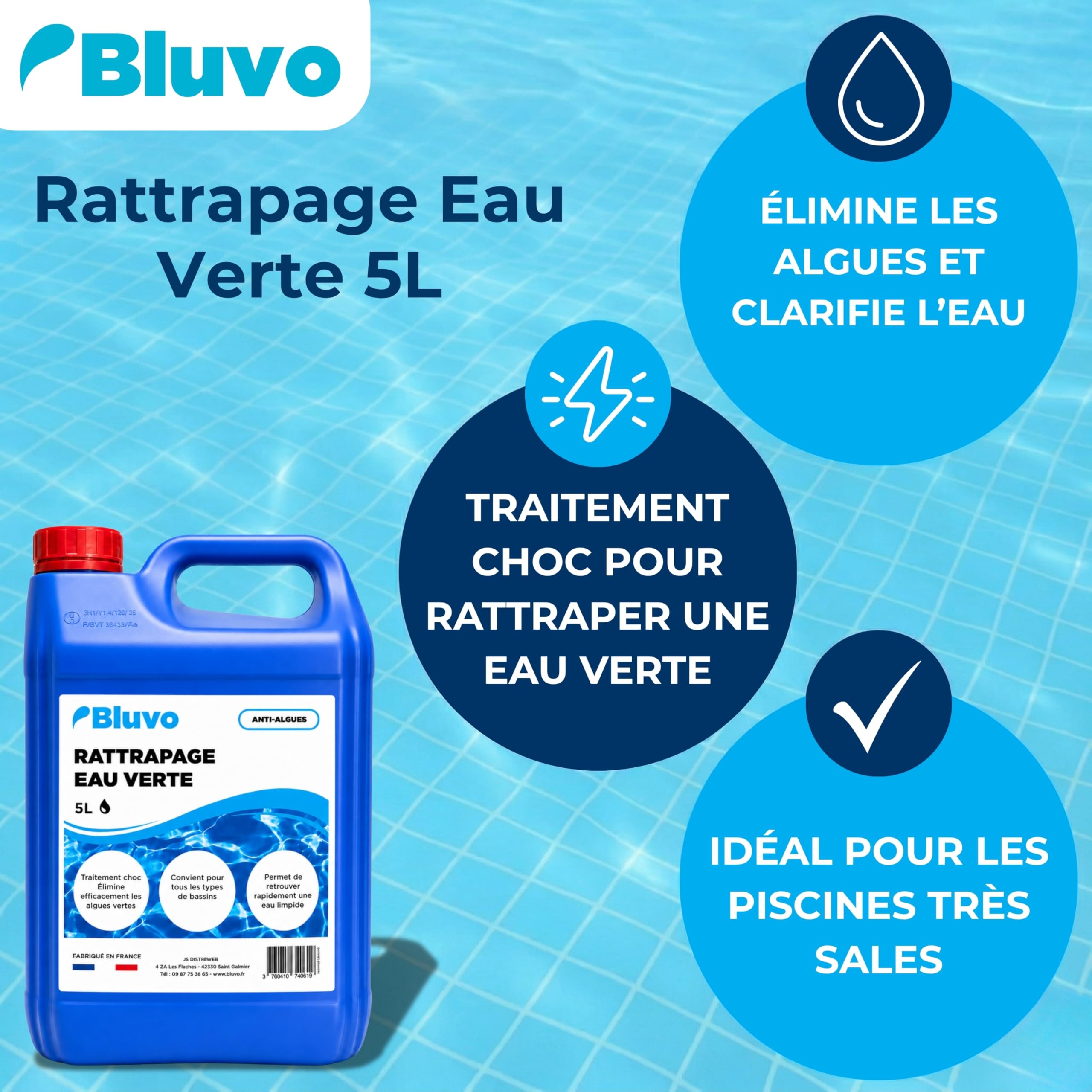 Algicide Anti-Algues Piscine 5L | Rattrapage Eau Verte & Stop Algues | Traitement Choc Efficace pour Éliminer Algues et Eaux Troubles