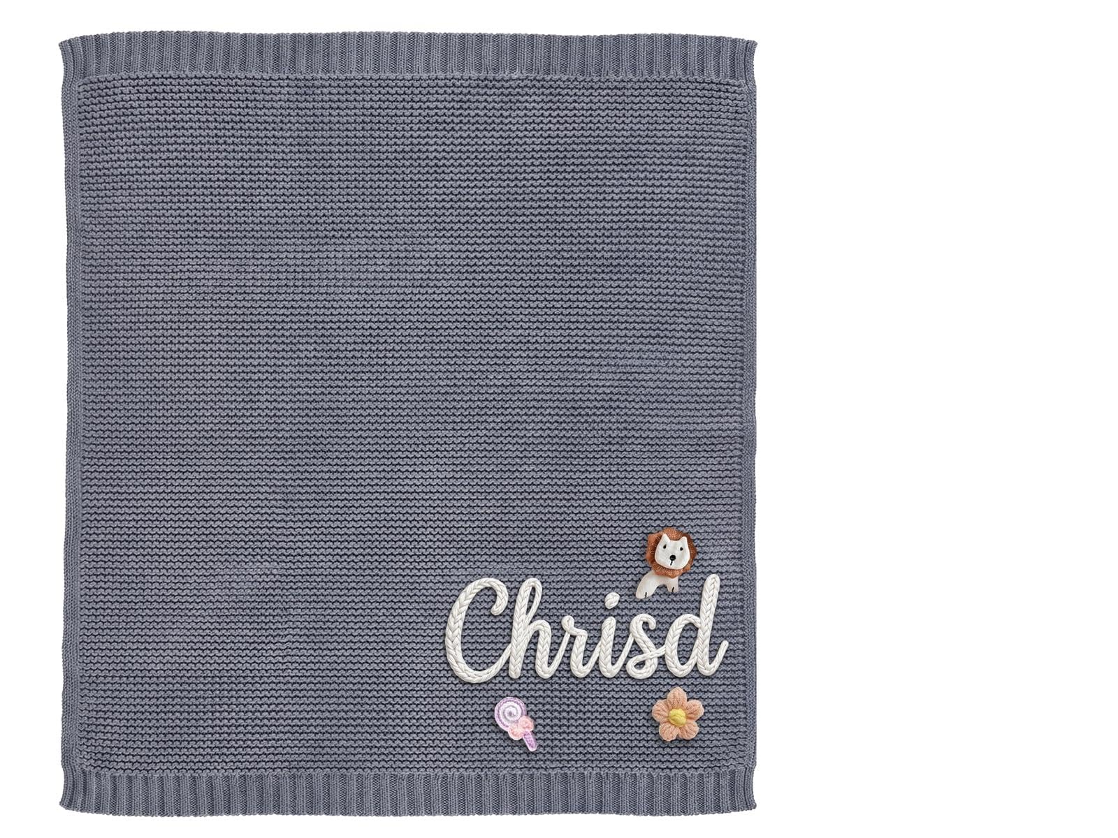 CGFN Personalised Baby Blanket with Name for Newborn Boys & Girls, Pure Knitted Cotton, Unique Christening, Soft Keepsake Blanket 100x80cm (Grey)